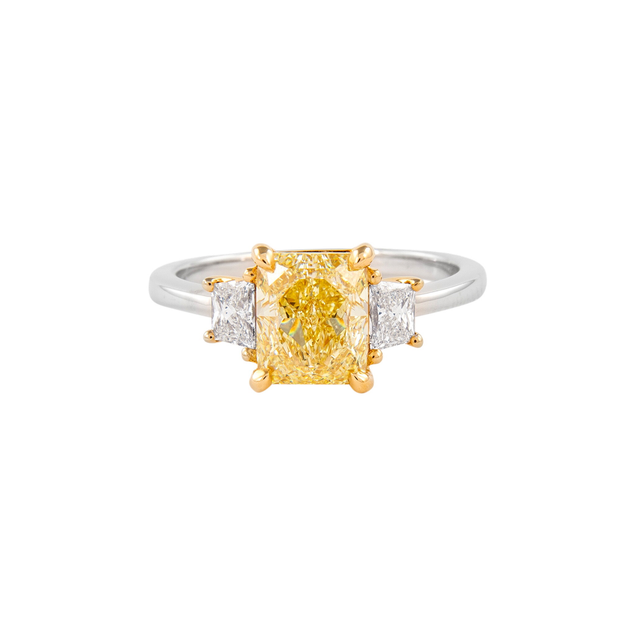 White Gold and 2.01ct Radiant Cut Fancy Yellow Diamond Three Stone Engagement Ring — view 1