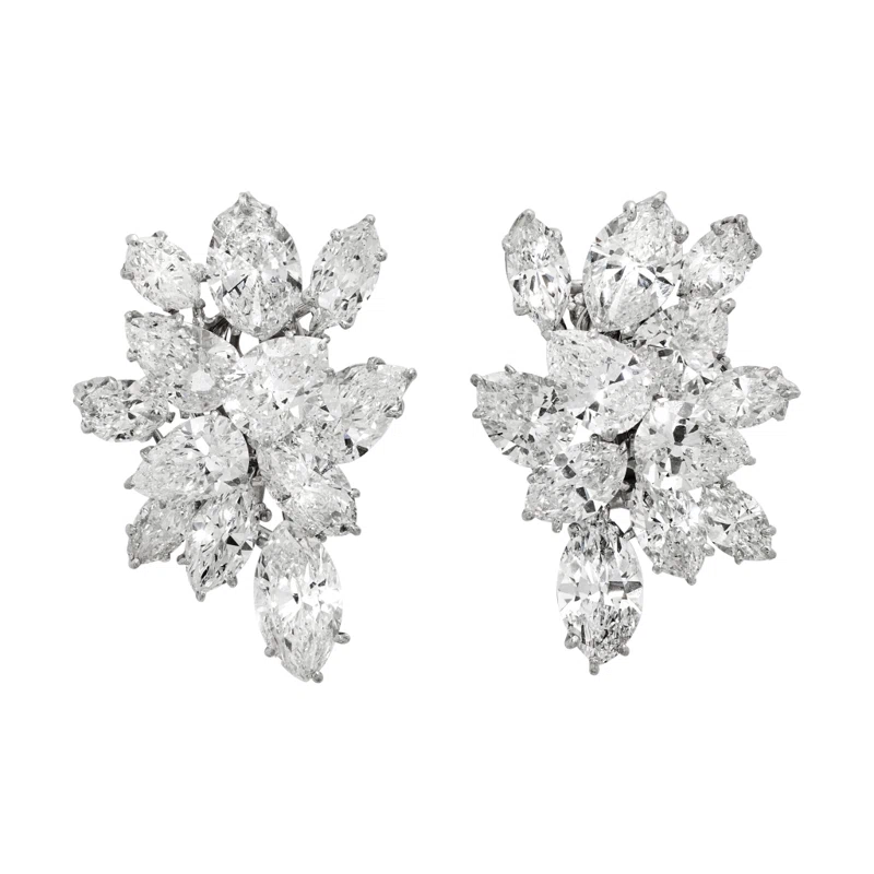 White Gold and 21.00ctw Marquise Cut Diamond Cluster Earclips