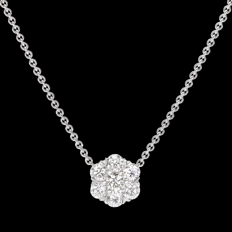 White Gold and Diamond Cluster Pendant Necklace