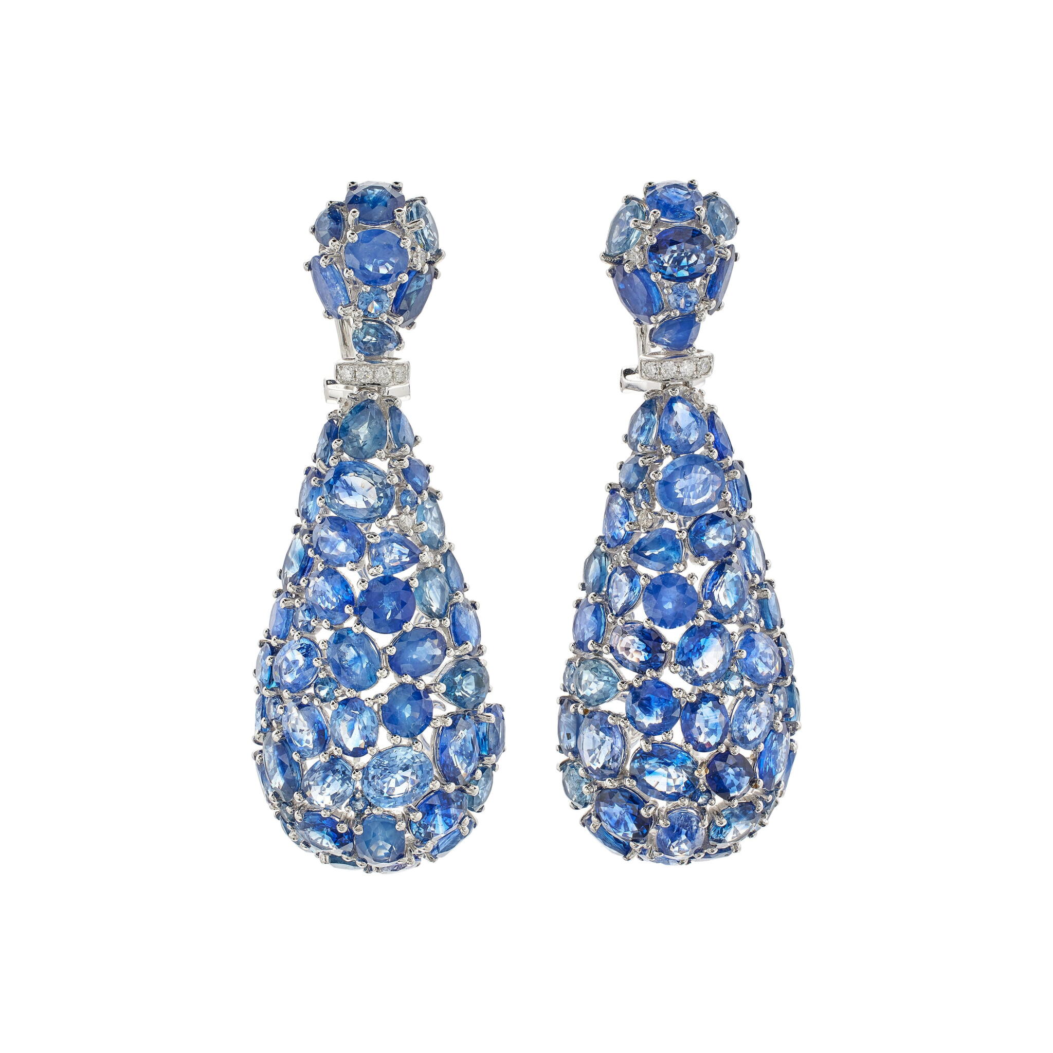 White Gold, Sapphire and Diamond Drop Earclips — view 1