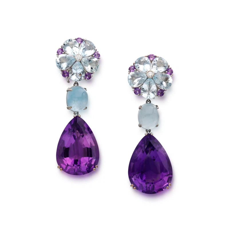 White Gold, Aquamarine, Amethyst and Diamond Earclips