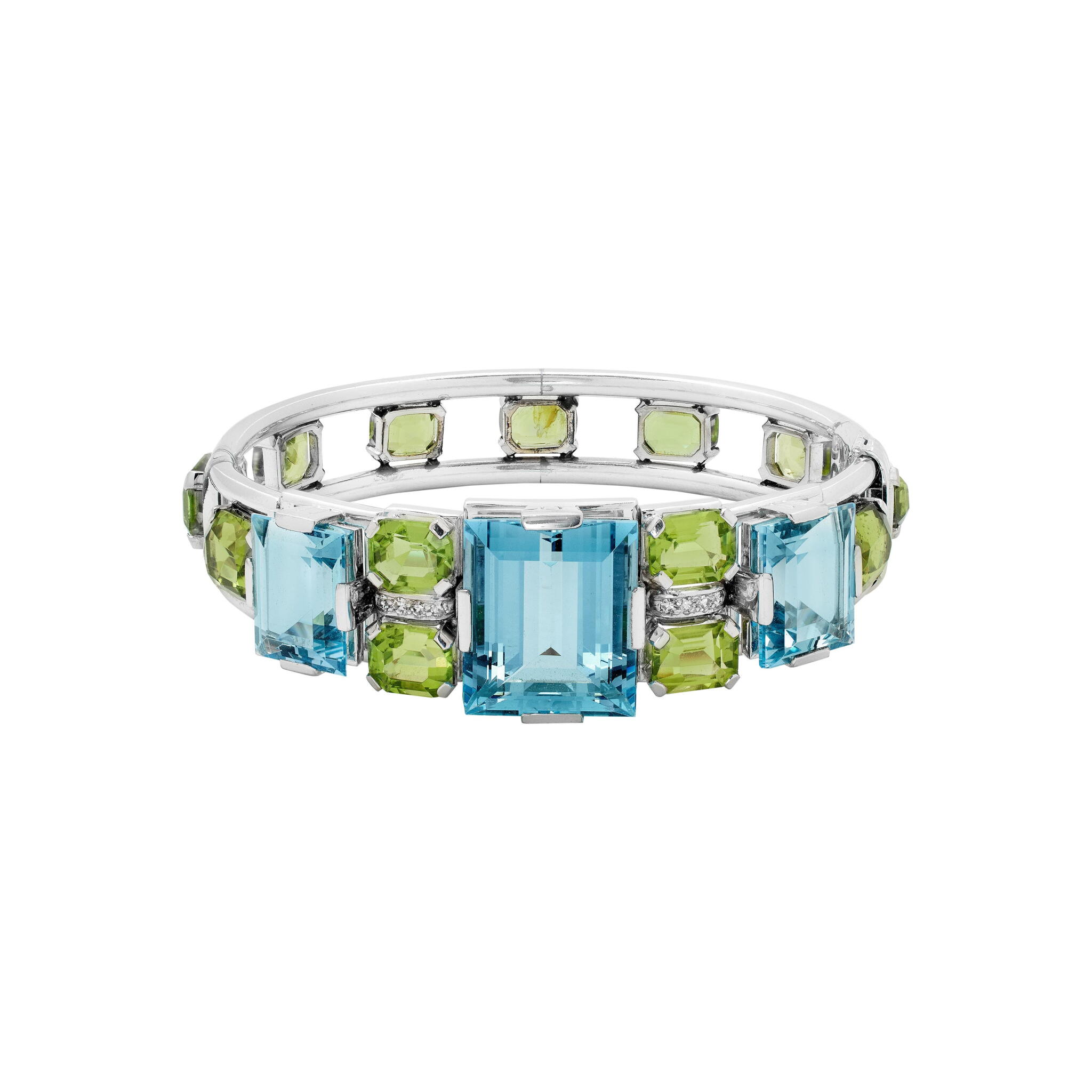 White Gold, Aquamarine, Peridot and Diamond Bangle Bracelet — view 1