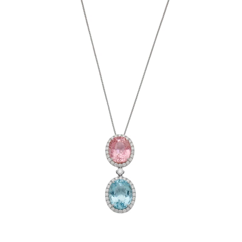 White Gold, Aquamarine, Tourmaline and Diamond Pendant Necklace