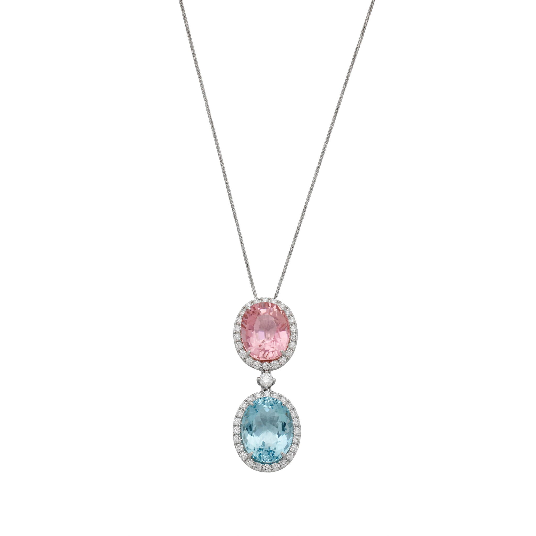 White Gold, Aquamarine, Tourmaline and Diamond Pendant Necklace — view 1