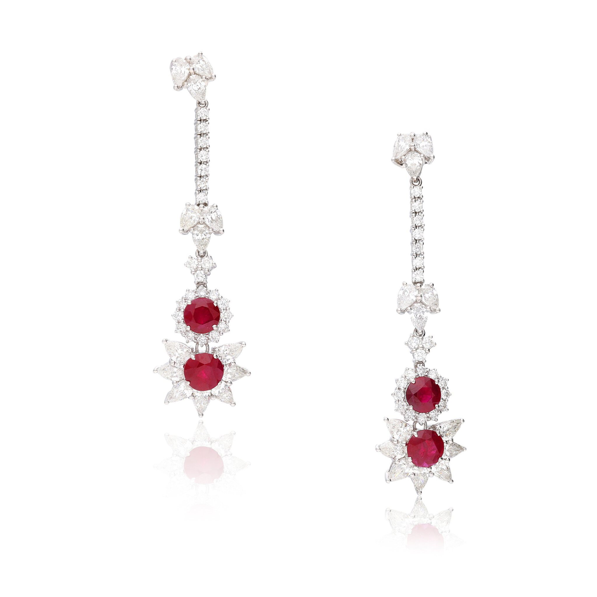 White Gold, 7.50ct Burmese Ruby and Diamond Drop Earrings — view 1