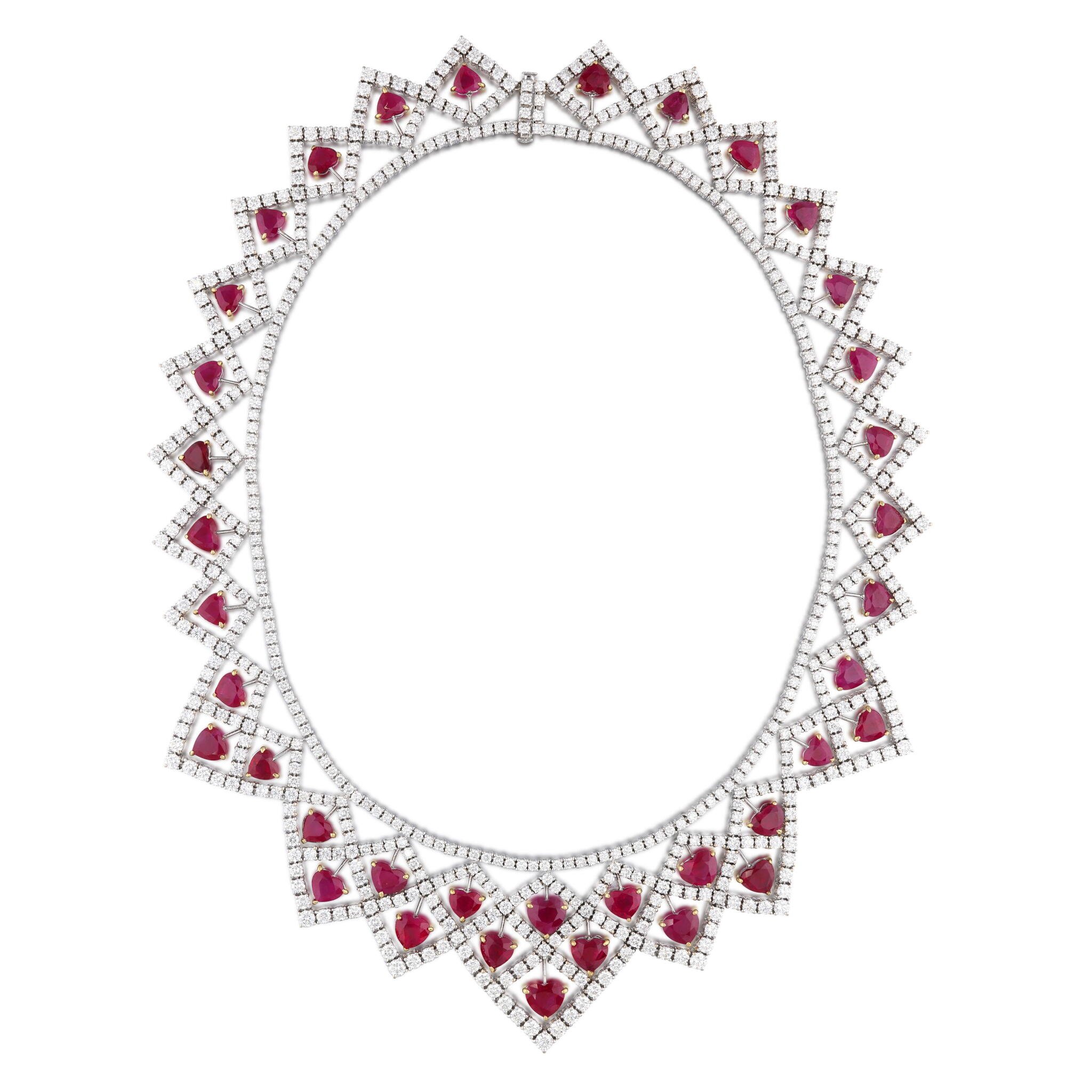 White Gold, Burmese Ruby and Diamond Collar Necklace — view 1