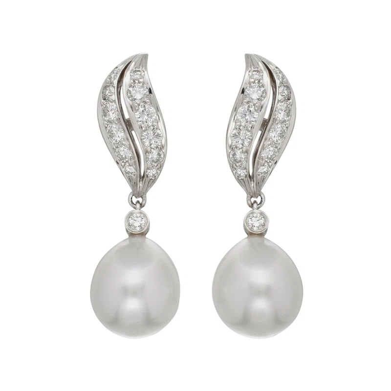 White Gold, Cultured Pearl and Diamond Drop Earrings