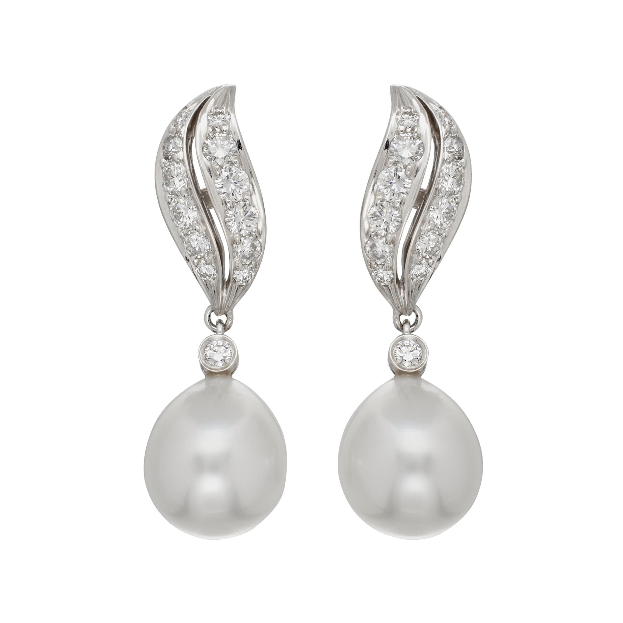 White Gold, Cultured Pearl and Diamond Drop Earrings — view 1