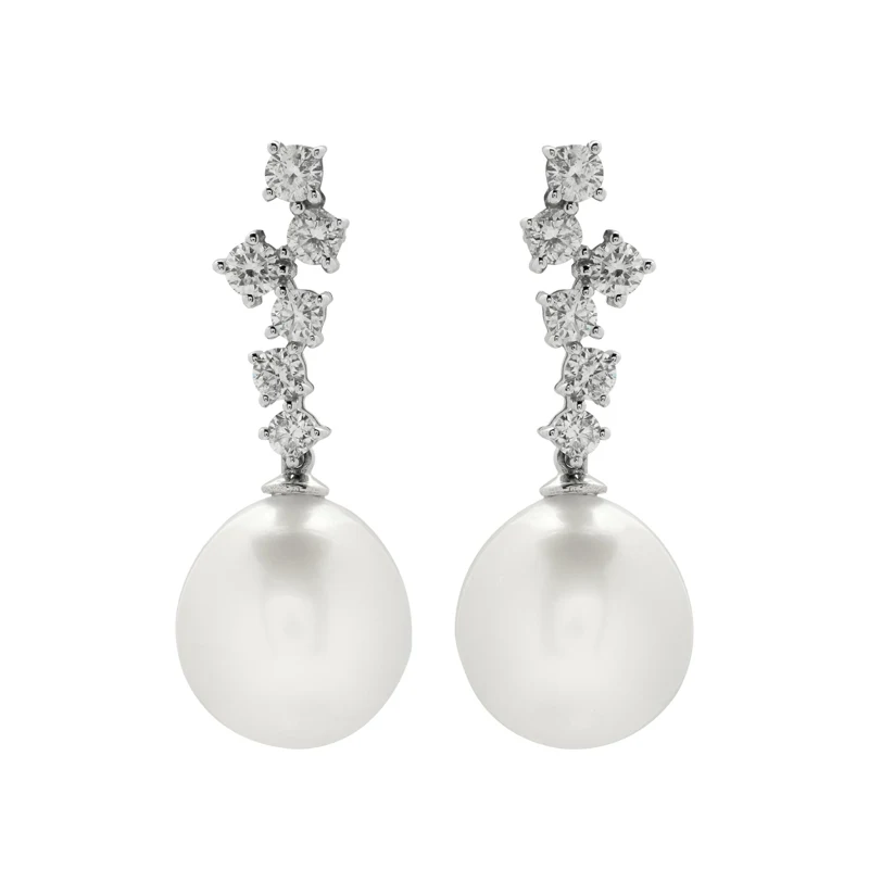 White Gold, Cultured Pearl and Diamond Drop Earrings