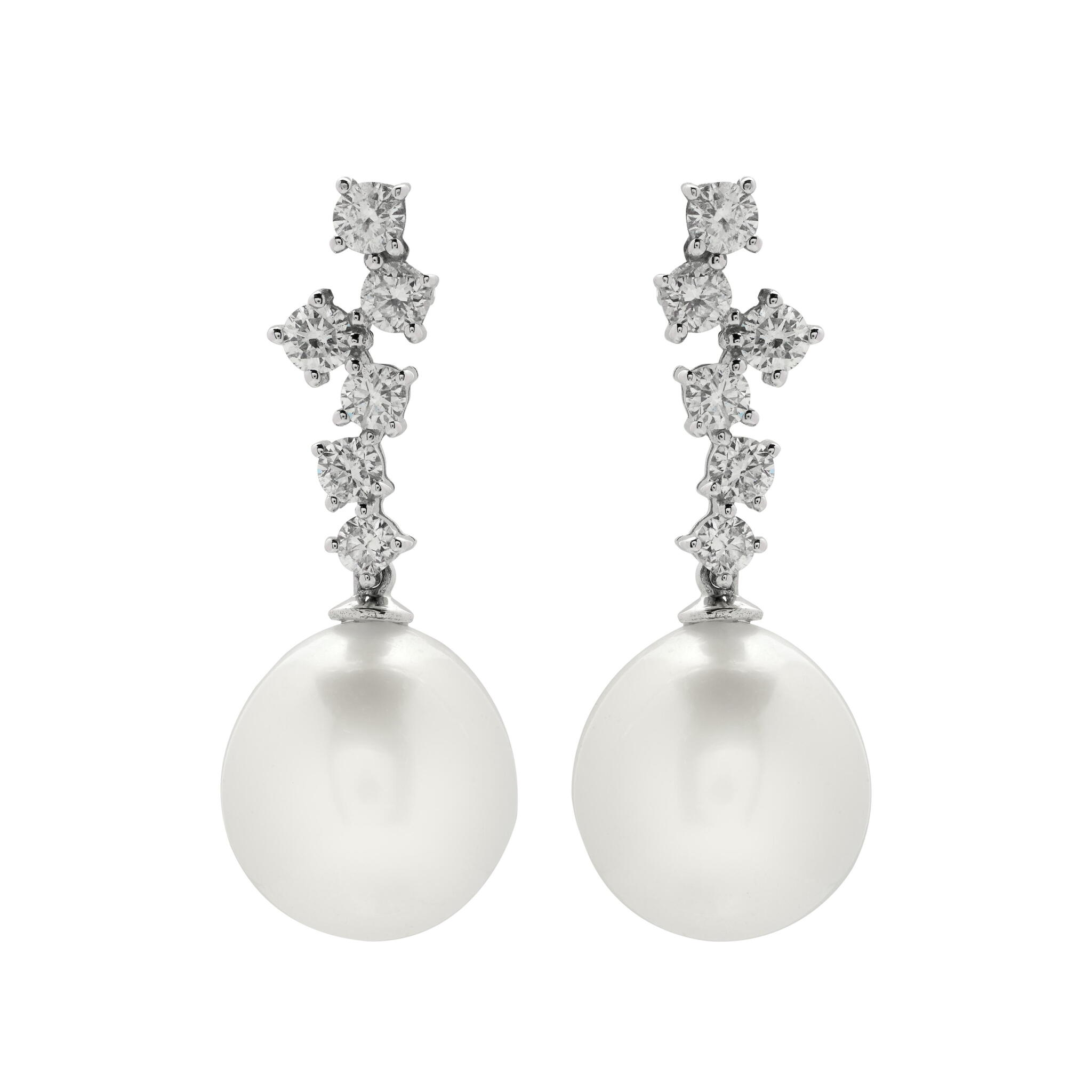 White Gold, Cultured Pearl and Diamond Drop Earrings — view 1