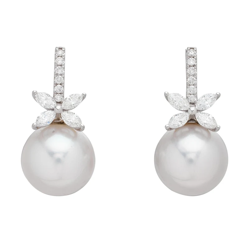 White Gold, Cultured Pearl and Diamond Drop Earrings