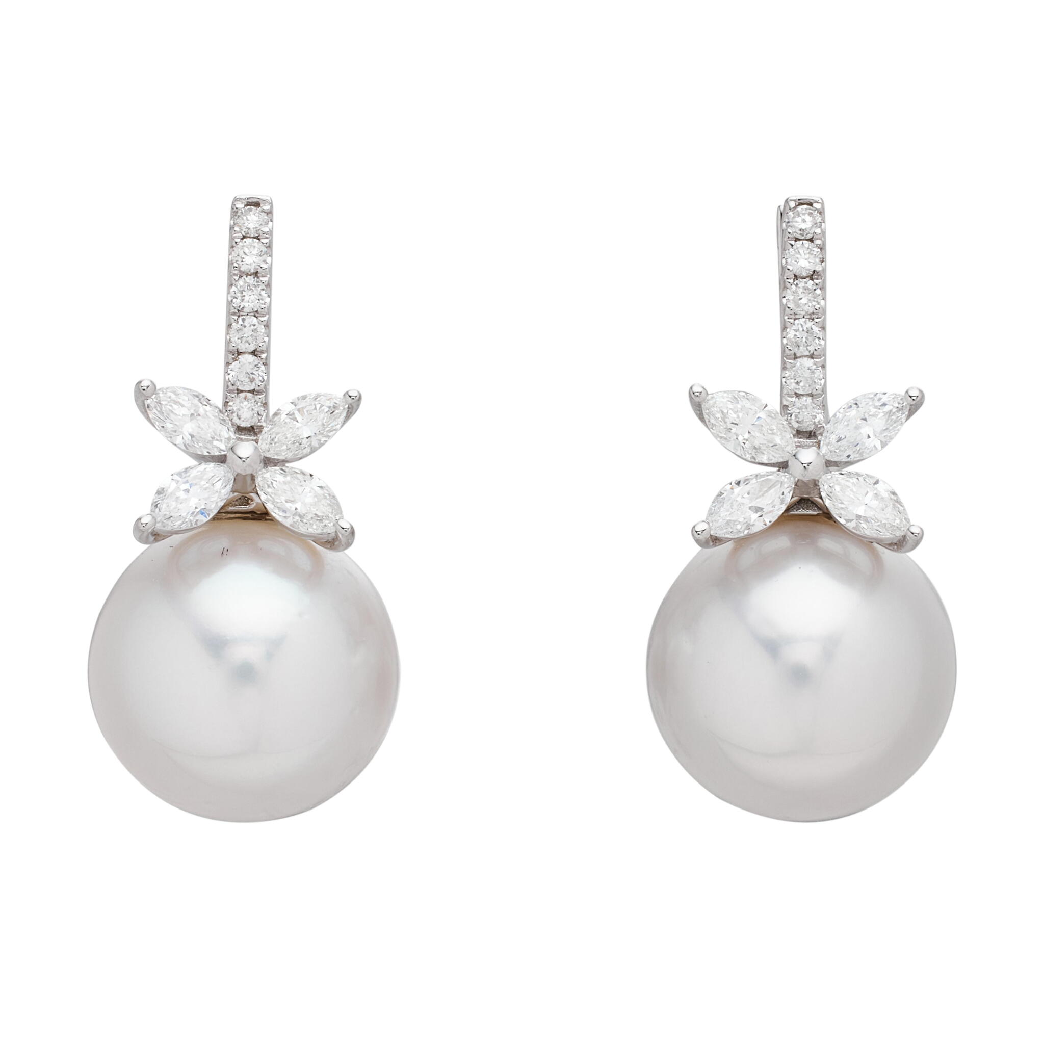White Gold, Cultured Pearl and Diamond Drop Earrings — view 1