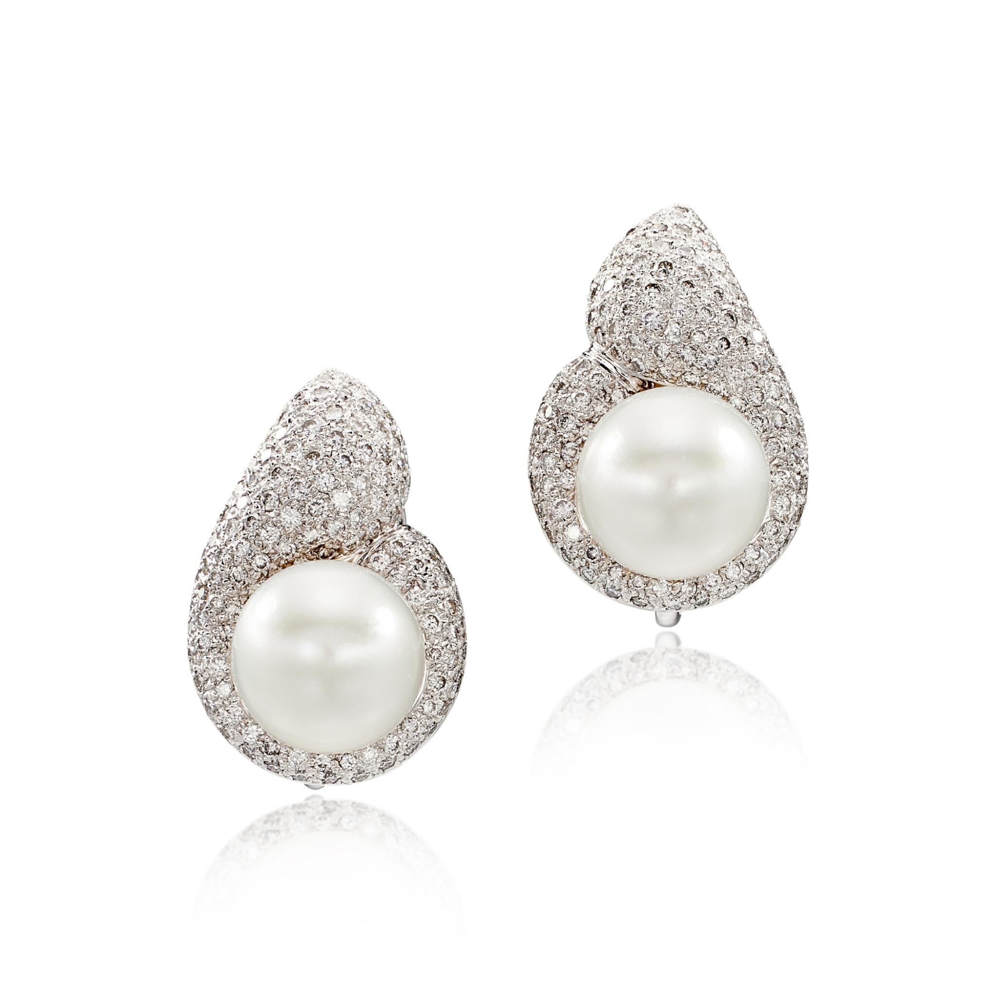 White Gold, Cultured Pearl and Diamond Earclips — view 1