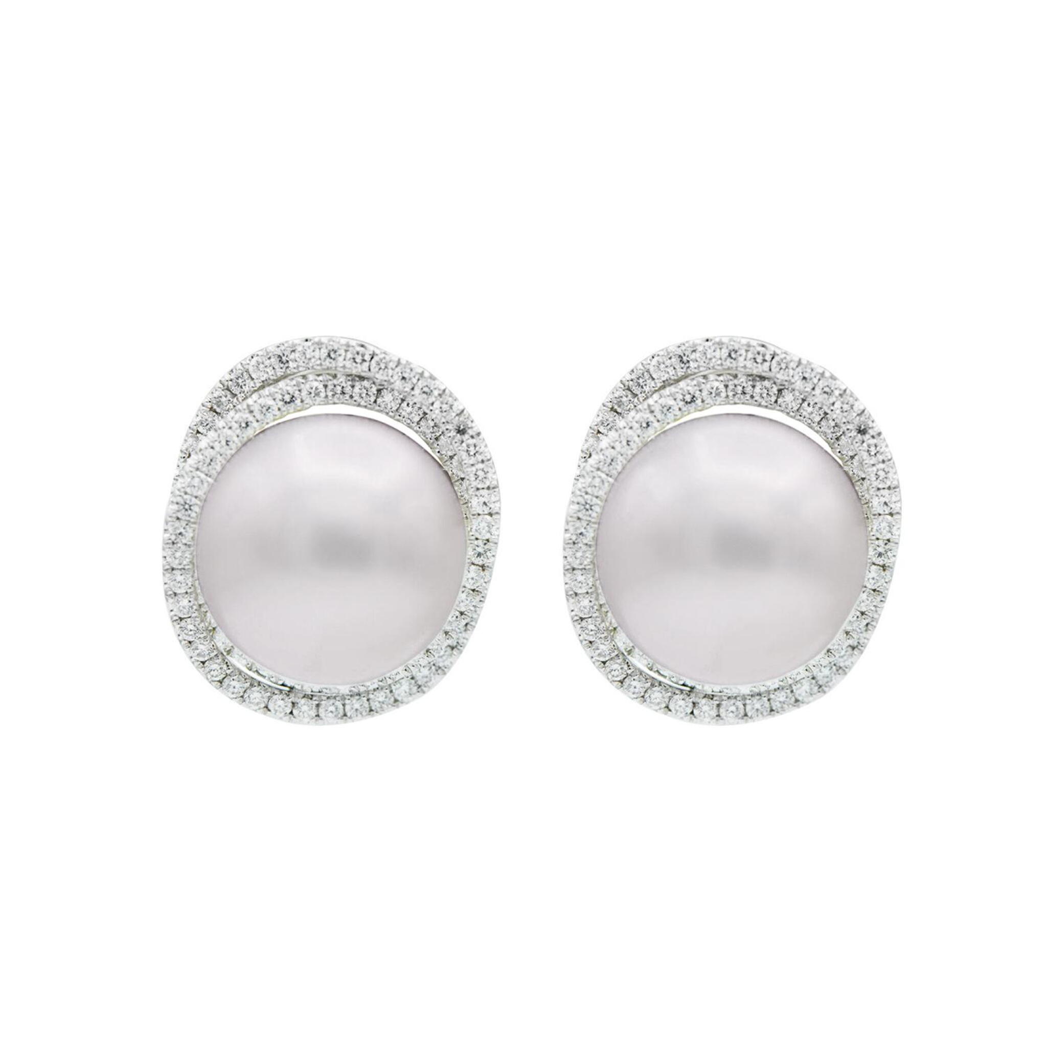 White Gold, Cultured Pearl and Diamond Earclips — view 1