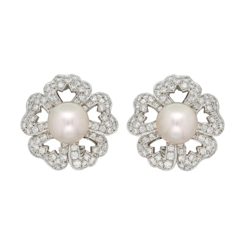 White Gold, Cultured Pearl and Diamond Floral Earclips