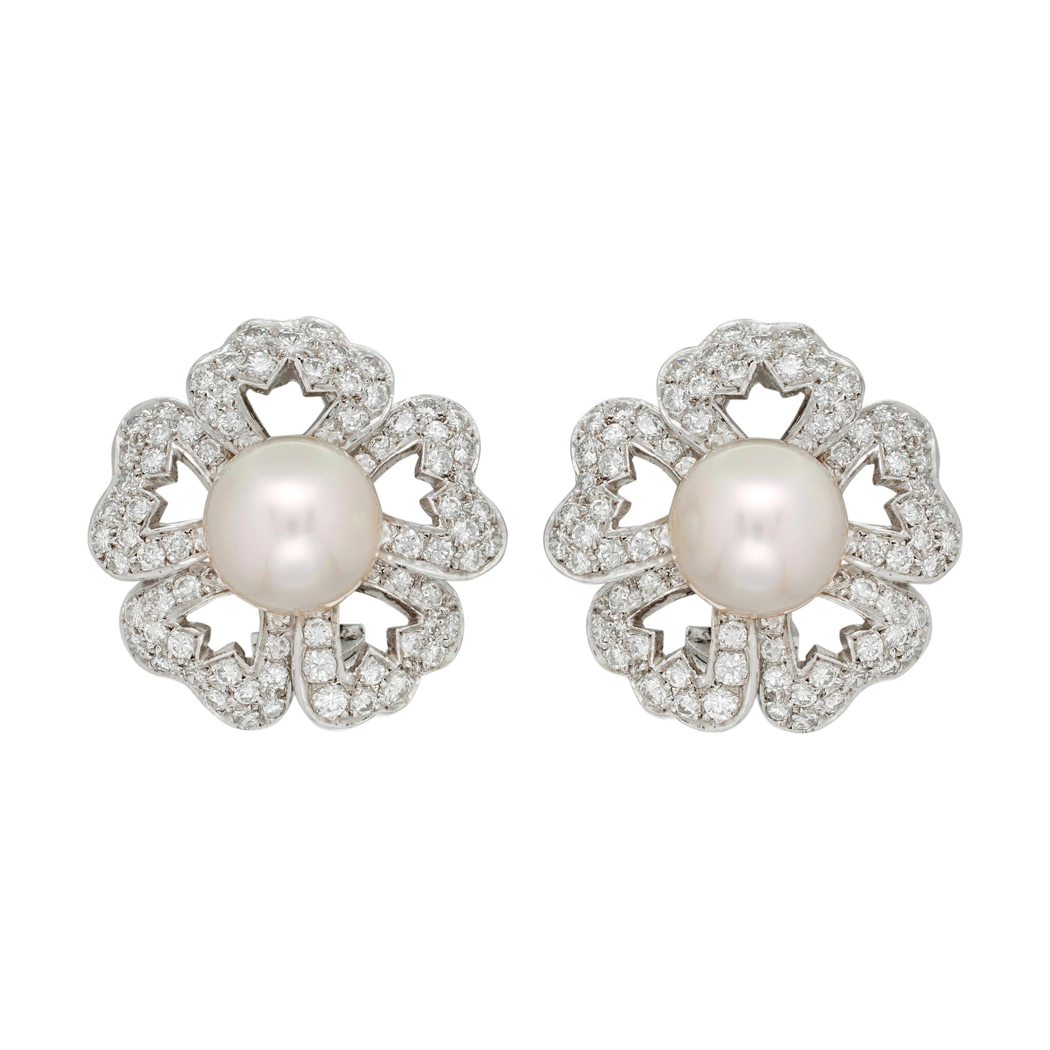 White Gold, Cultured Pearl and Diamond Floral Earclips — view 1