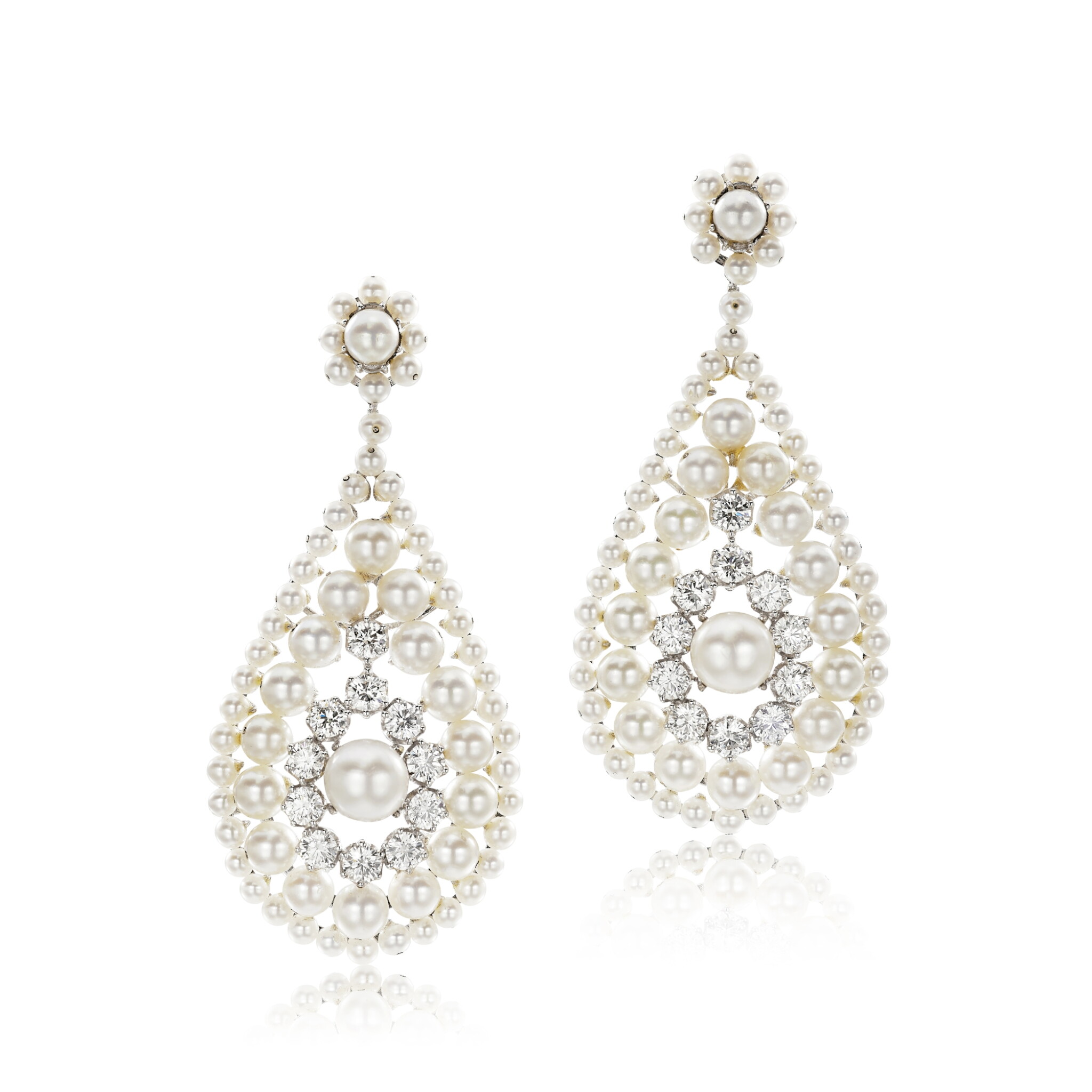 White Gold, Cultured Pearl and Diamond Pendant Earrings — view 1