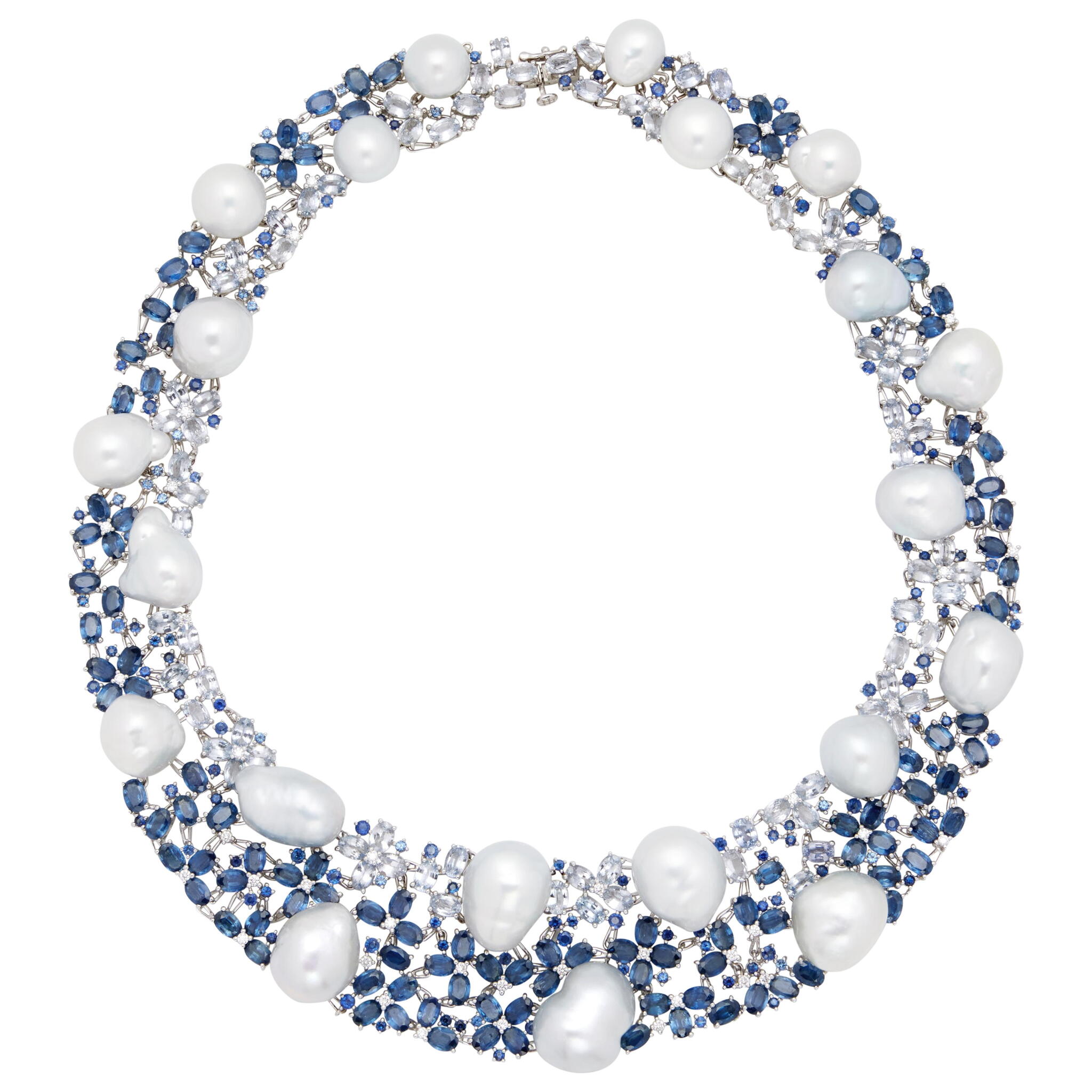White Gold, Cultured Pearl, Sapphire and Diamond Collar Necklace — view 1