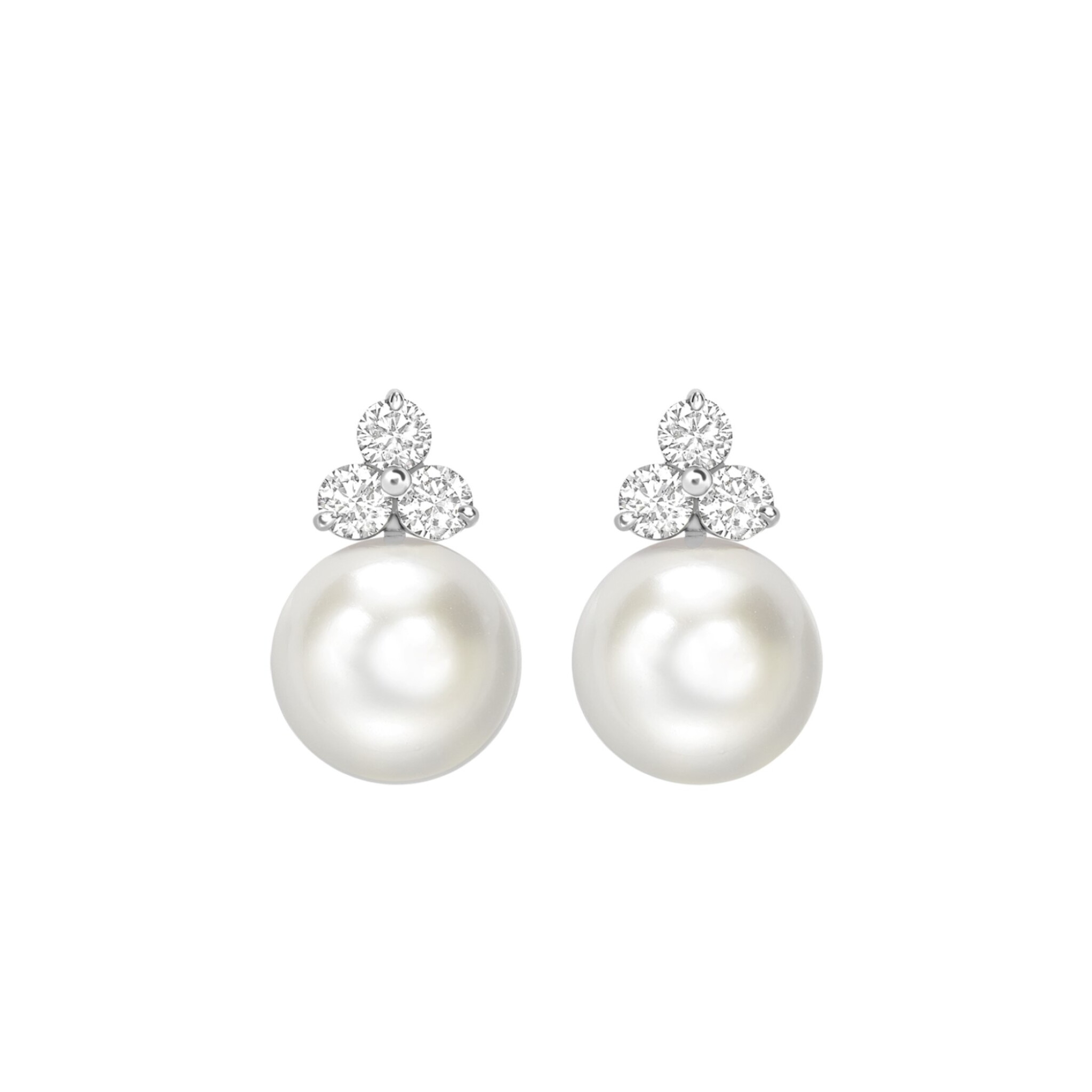 White Gold, Cultured South Sea Pearl and Diamond Trefoil Earrings — view 1