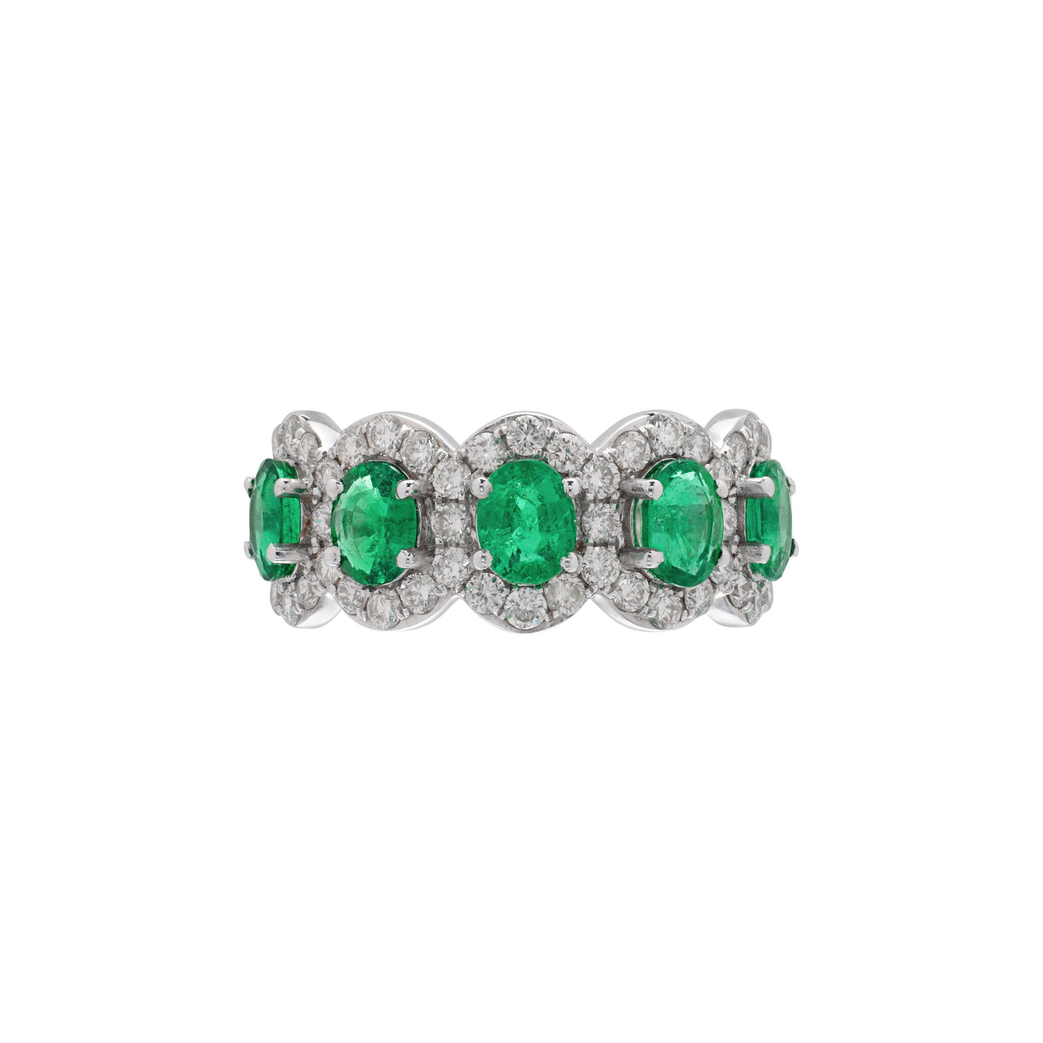 White Gold, 1.55ctw Emerald and Diamond Half Eternity Band Ring — view 1