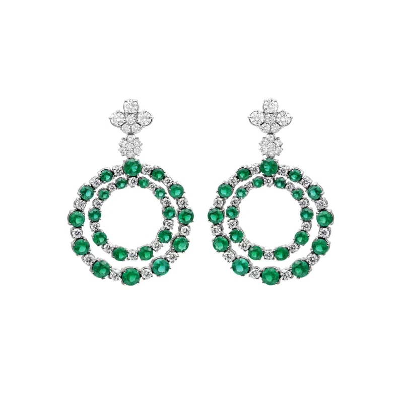 White Gold, Emerald and Diamond Circular Drop Earrings