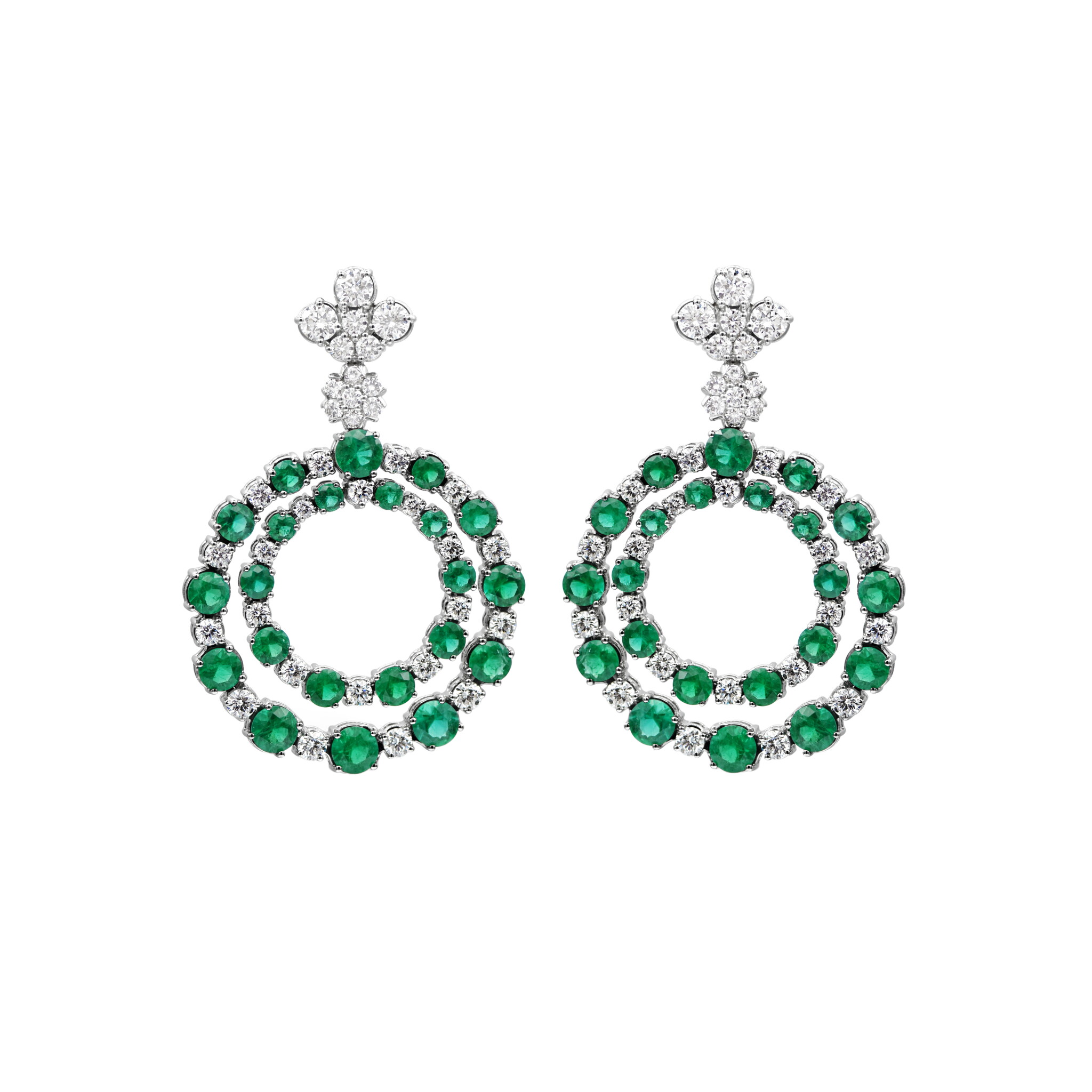White Gold, Emerald and Diamond Circular Drop Earrings — view 1