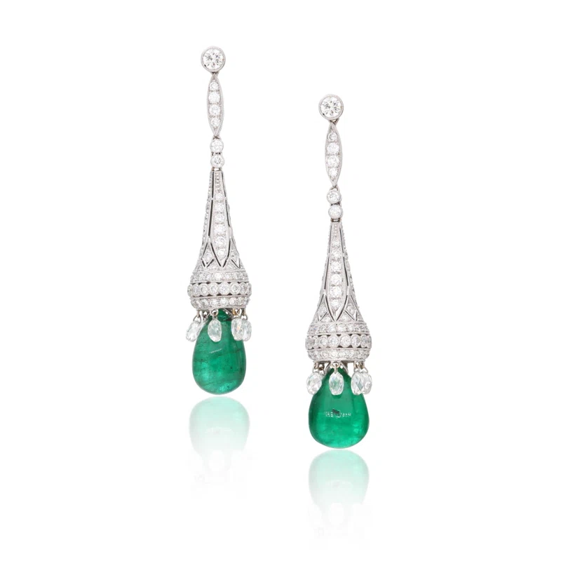 White Gold, Emerald and Diamond Drop Earrings