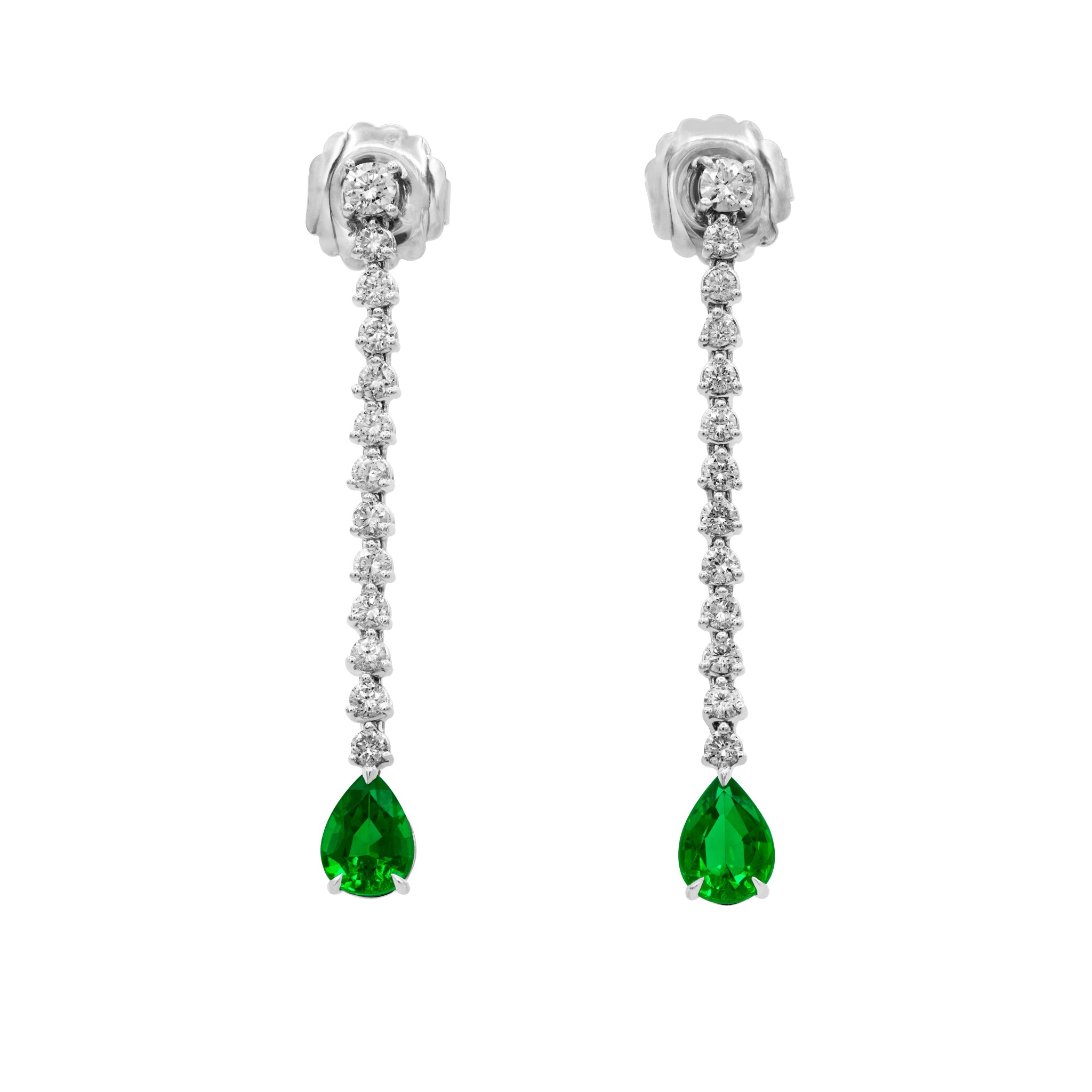 White Gold, Emerald and Diamond Drop Earrings — view 1