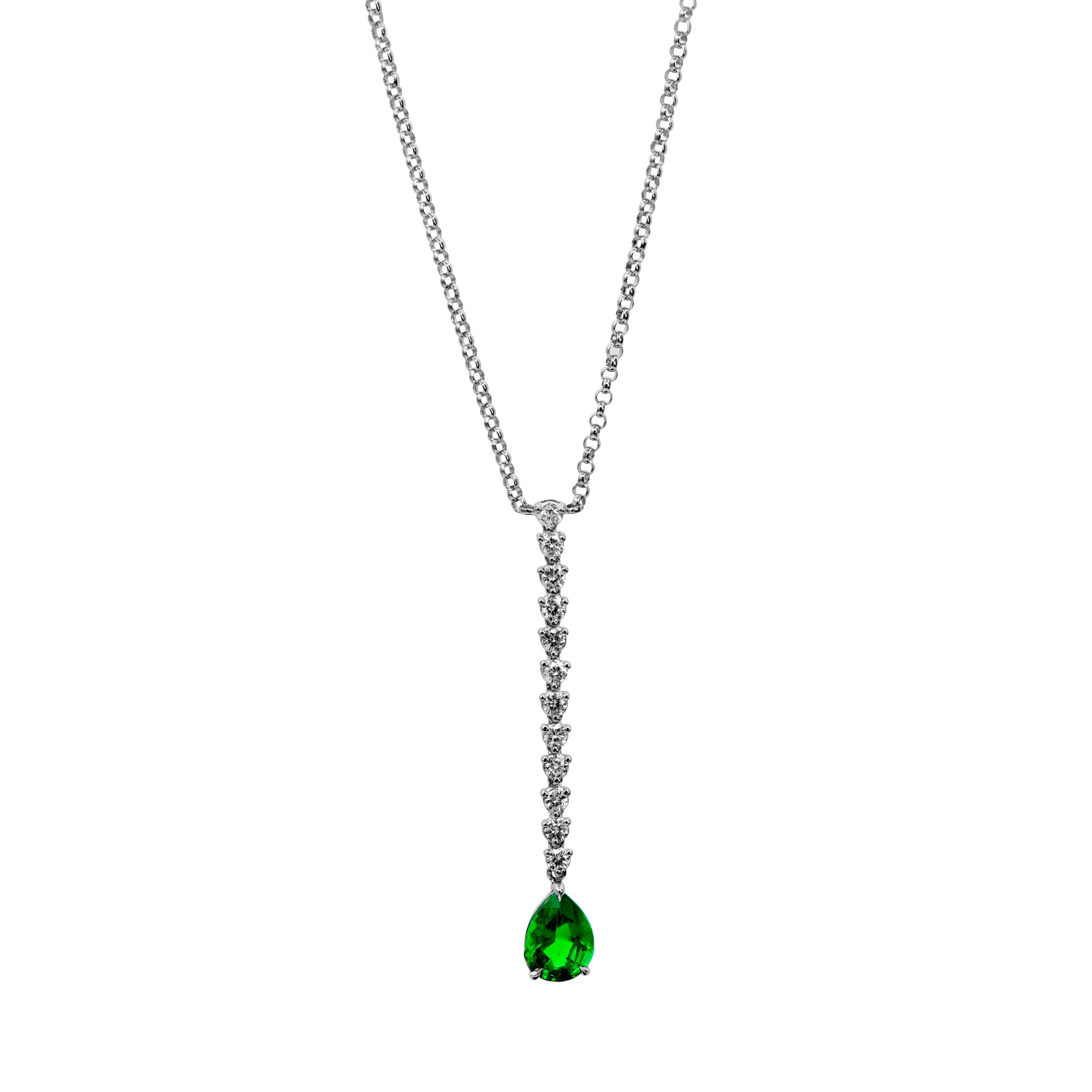 White Gold, Emerald and Diamond Pendant Necklace — view 1