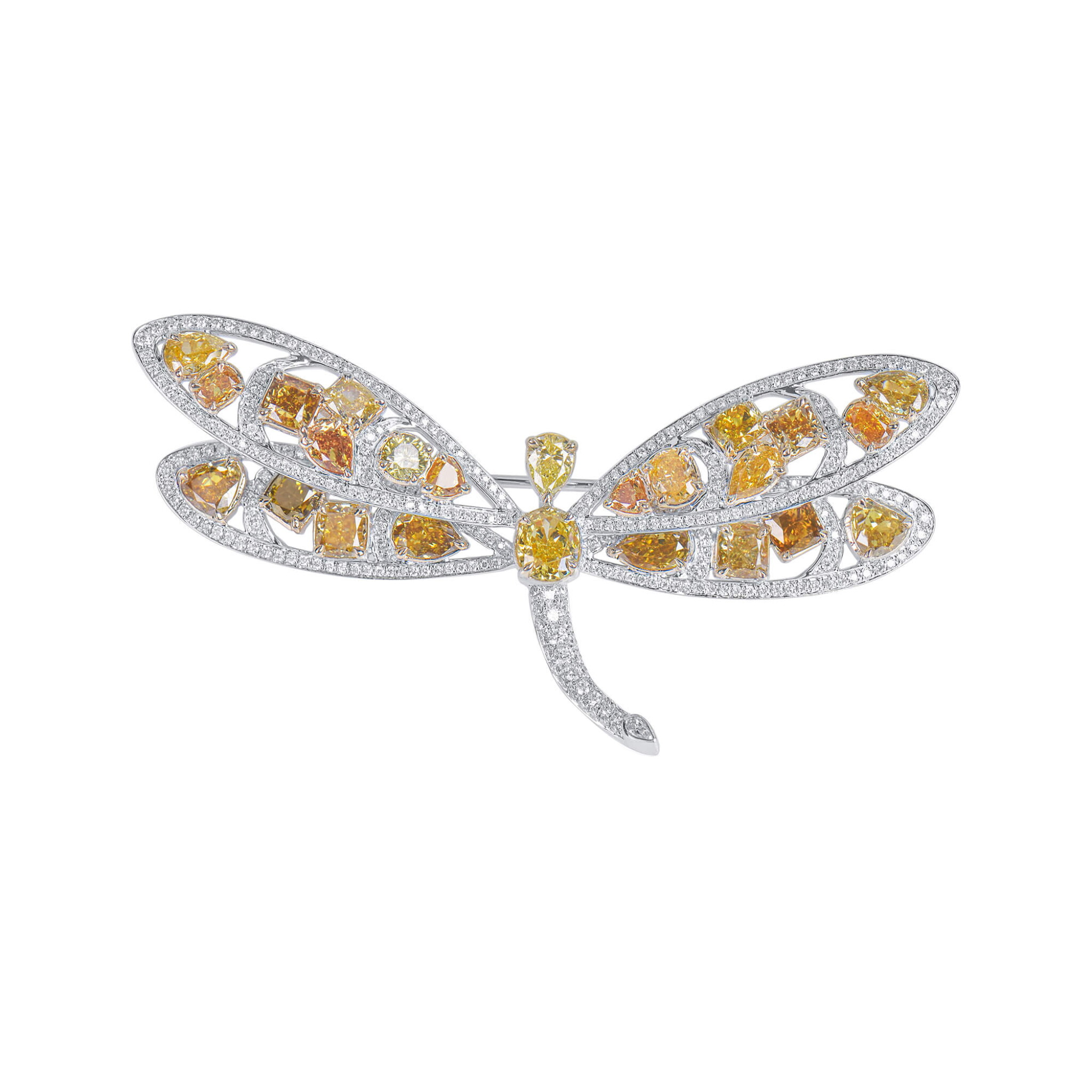 White Gold, Fancy Color Diamond and Diamond Dragonfly Brooch  — view 1