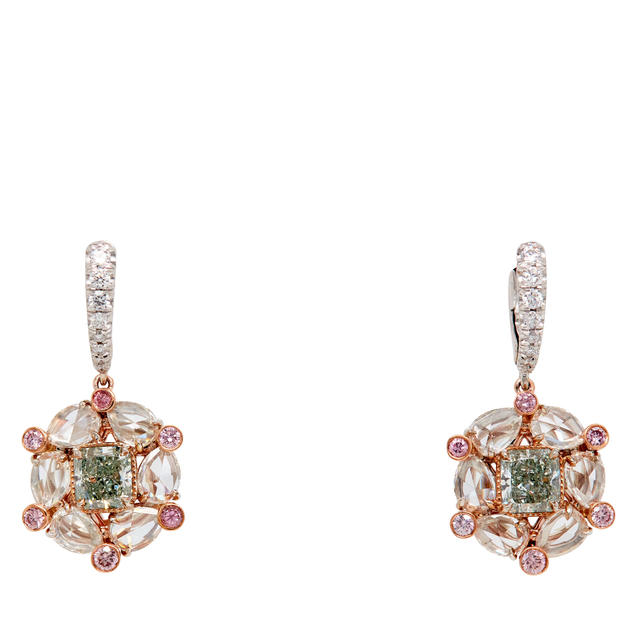 White Gold, Fancy Green Diamond, Pink Diamond and Diamond Drop Earrings  — view 1