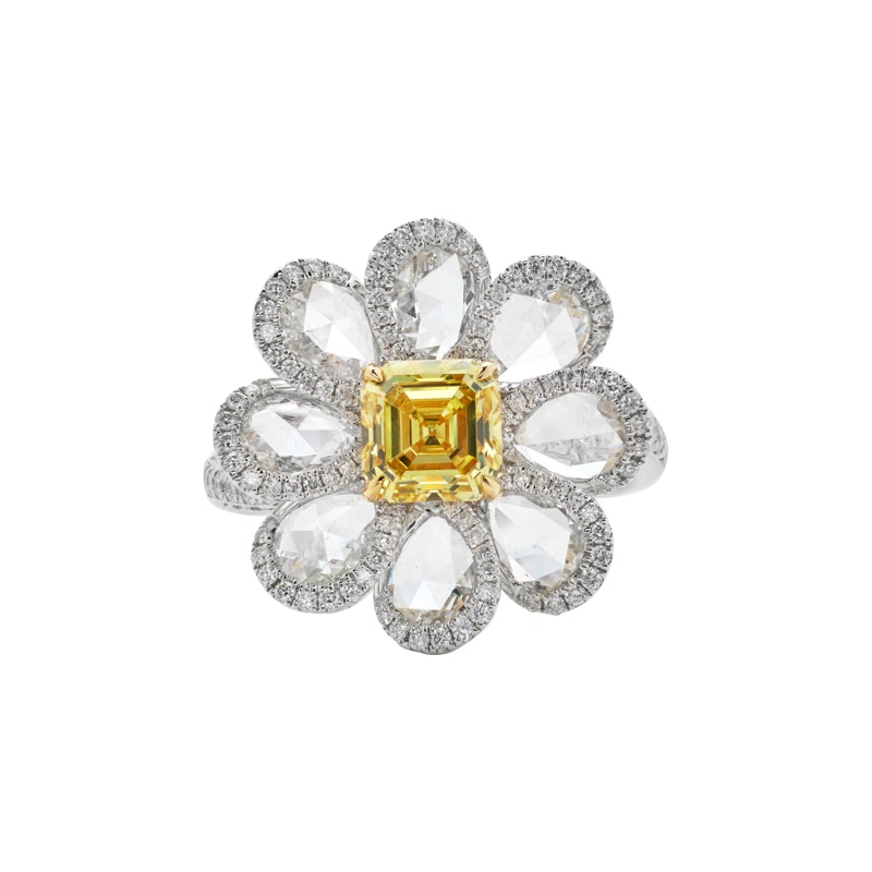 White Gold, 1.04ct Emerald Cut Fancy Vivid Yellow Diamond and Diamond Flower Ring