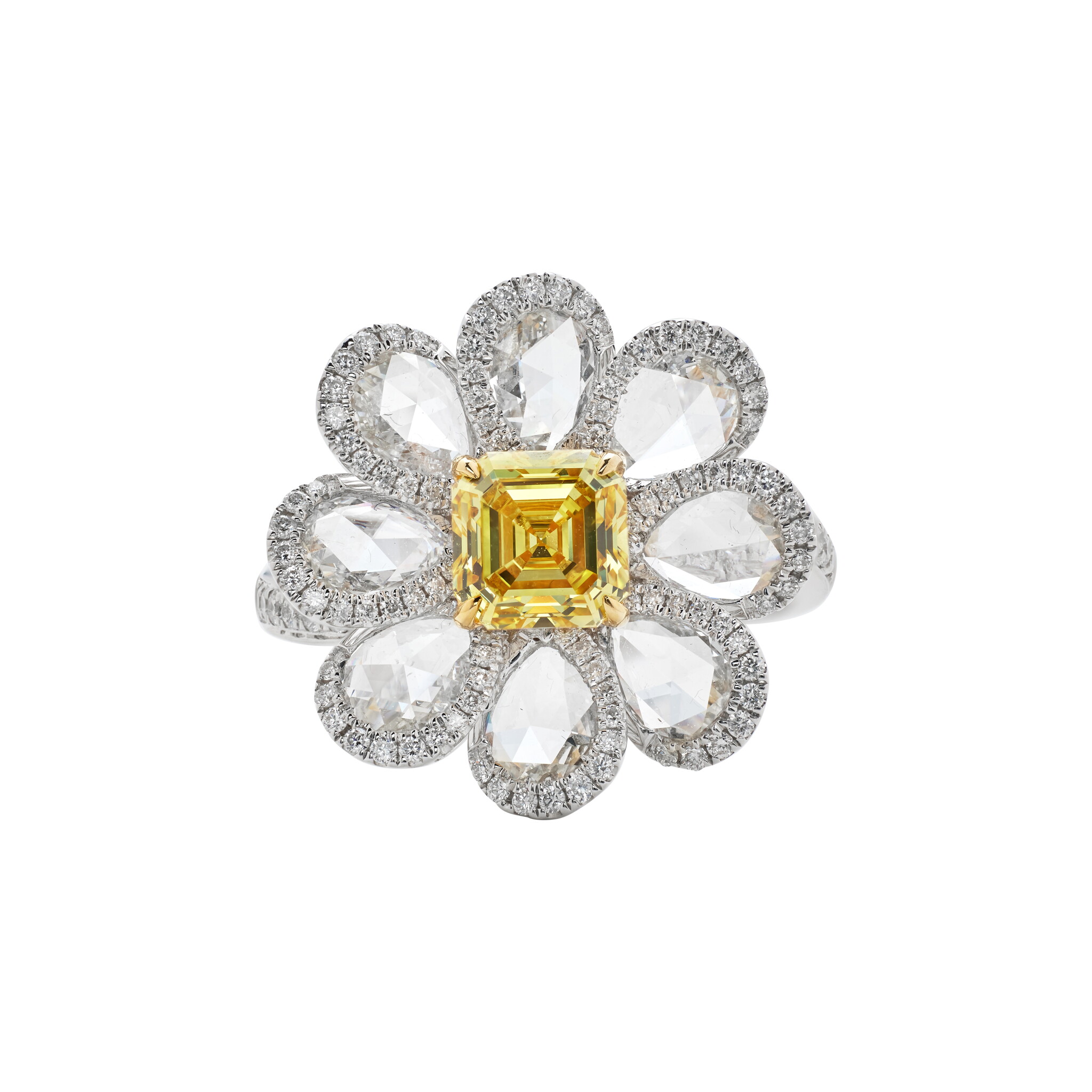 White Gold, 1.04ct Emerald Cut Fancy Vivid Yellow Diamond and Diamond Flower Ring — view 1