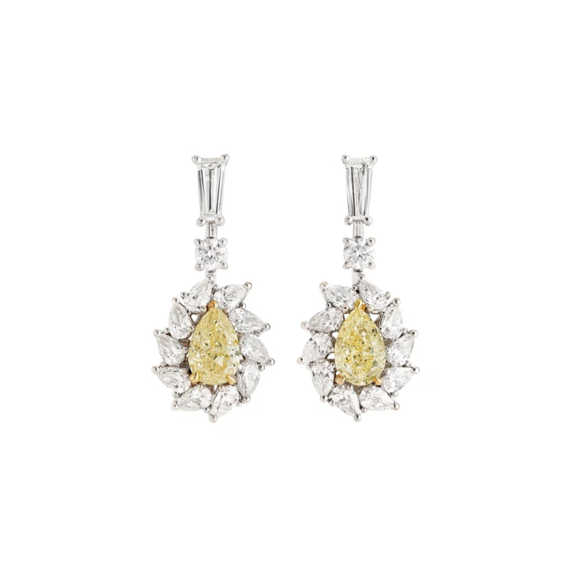 White Gold, Gold, 1.43ctw Pear Shaped Fancy Yellow Diamond and Diamond Drop Earrings