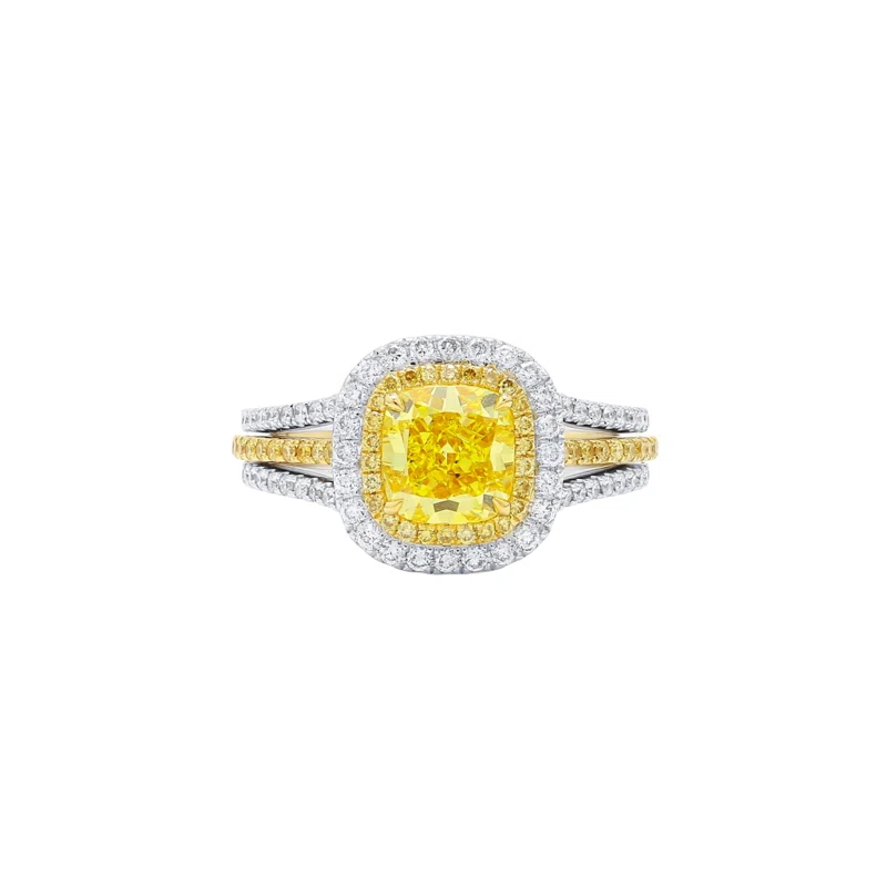 White Gold, Gold, 1.53ct Cushion Cut Fancy Vivid Yellow Diamond, Yellow Diamond and Diamond Ring