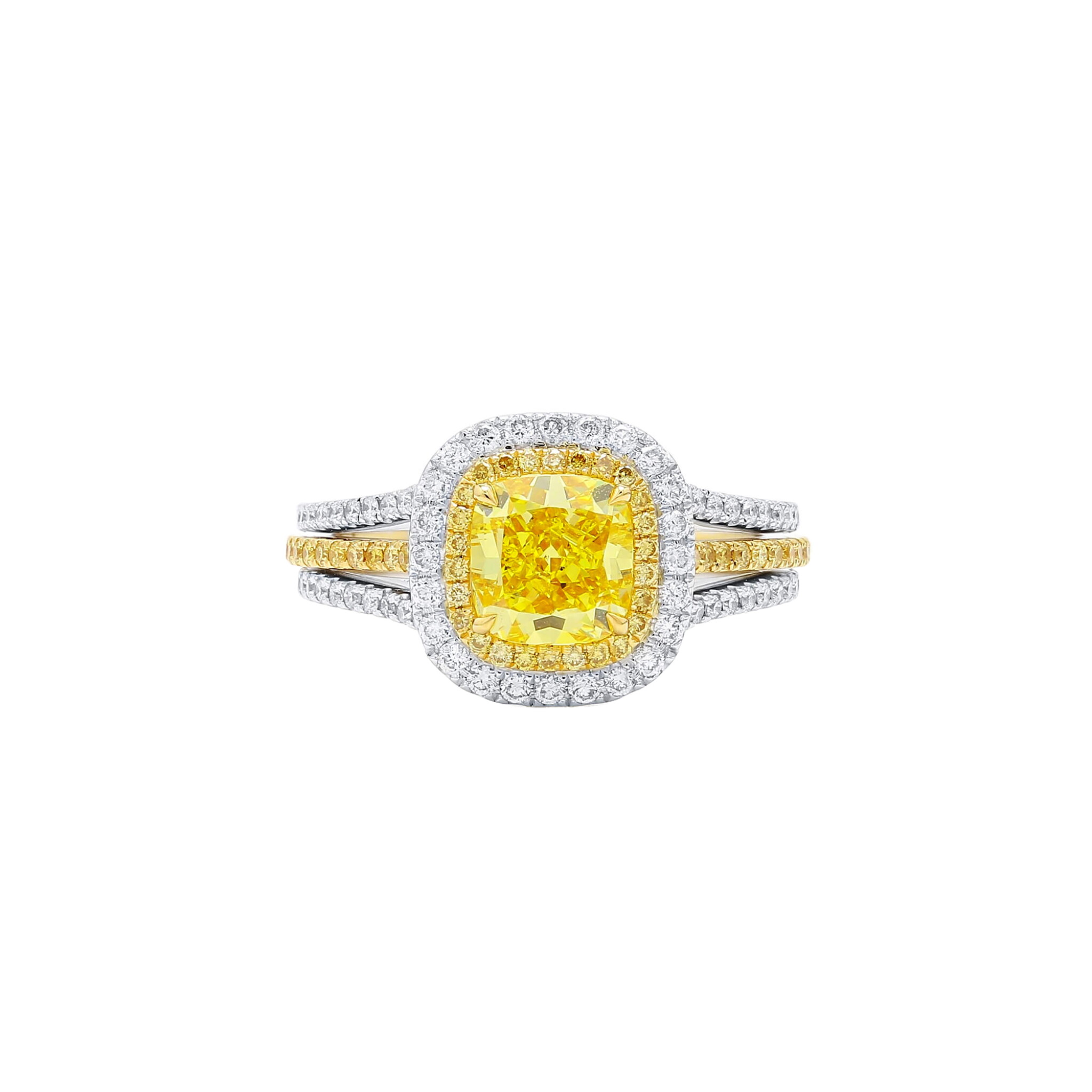 White Gold, Gold, 1.53ct Cushion Cut Fancy Vivid Yellow Diamond, Yellow Diamond and Diamond Ring  — view 1