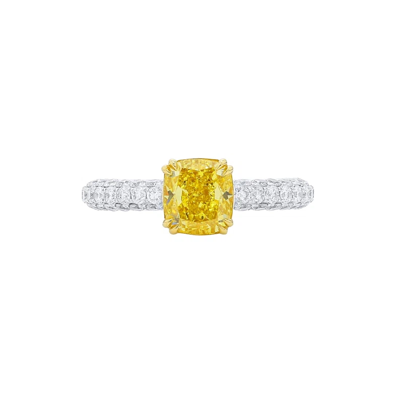 White Gold, Gold, 1.58ct Cushion Cut Fancy Vivid Yellow Diamond and Diamond Ring