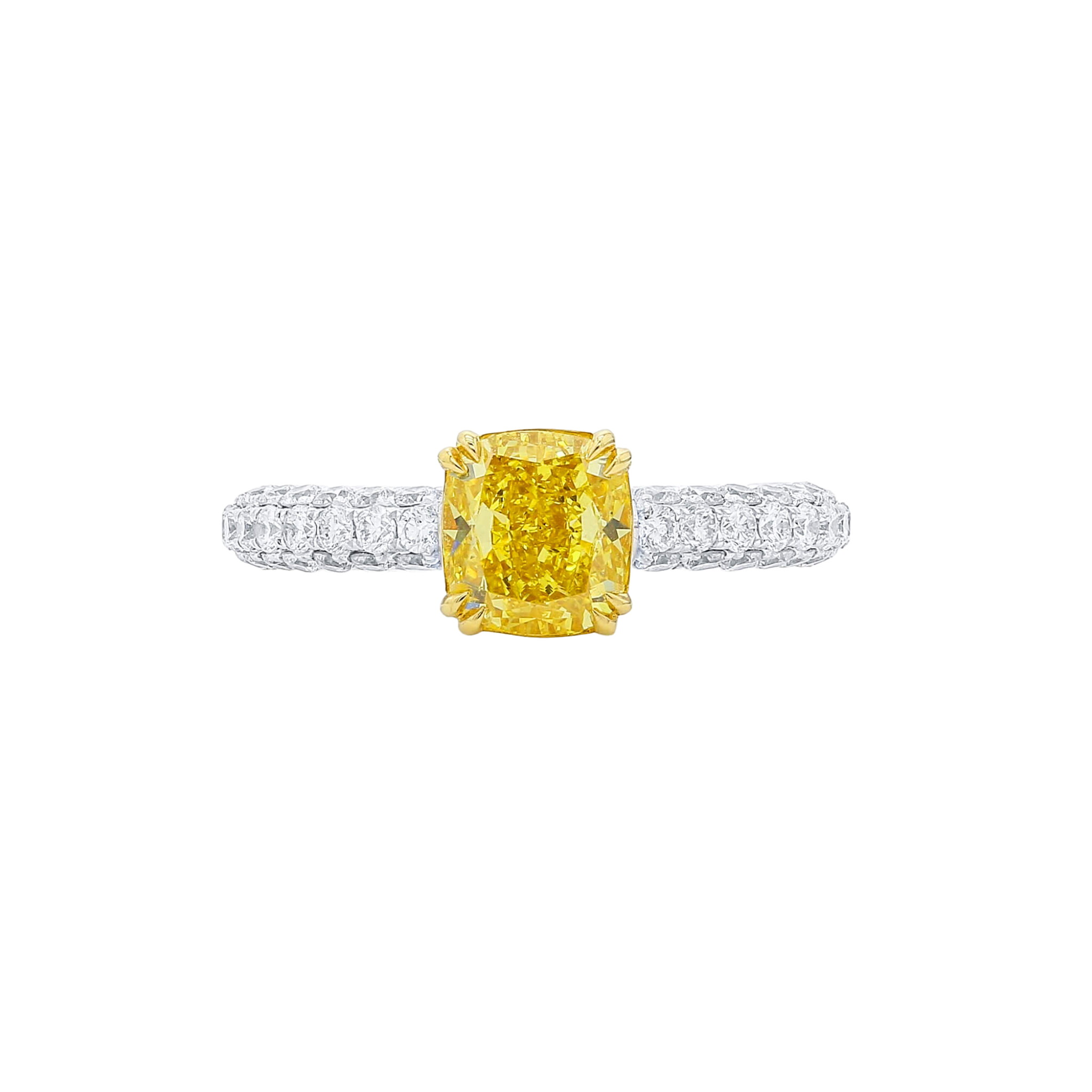 White Gold, Gold, 1.58ct Cushion Cut Fancy Vivid Yellow Diamond and Diamond Ring — view 1
