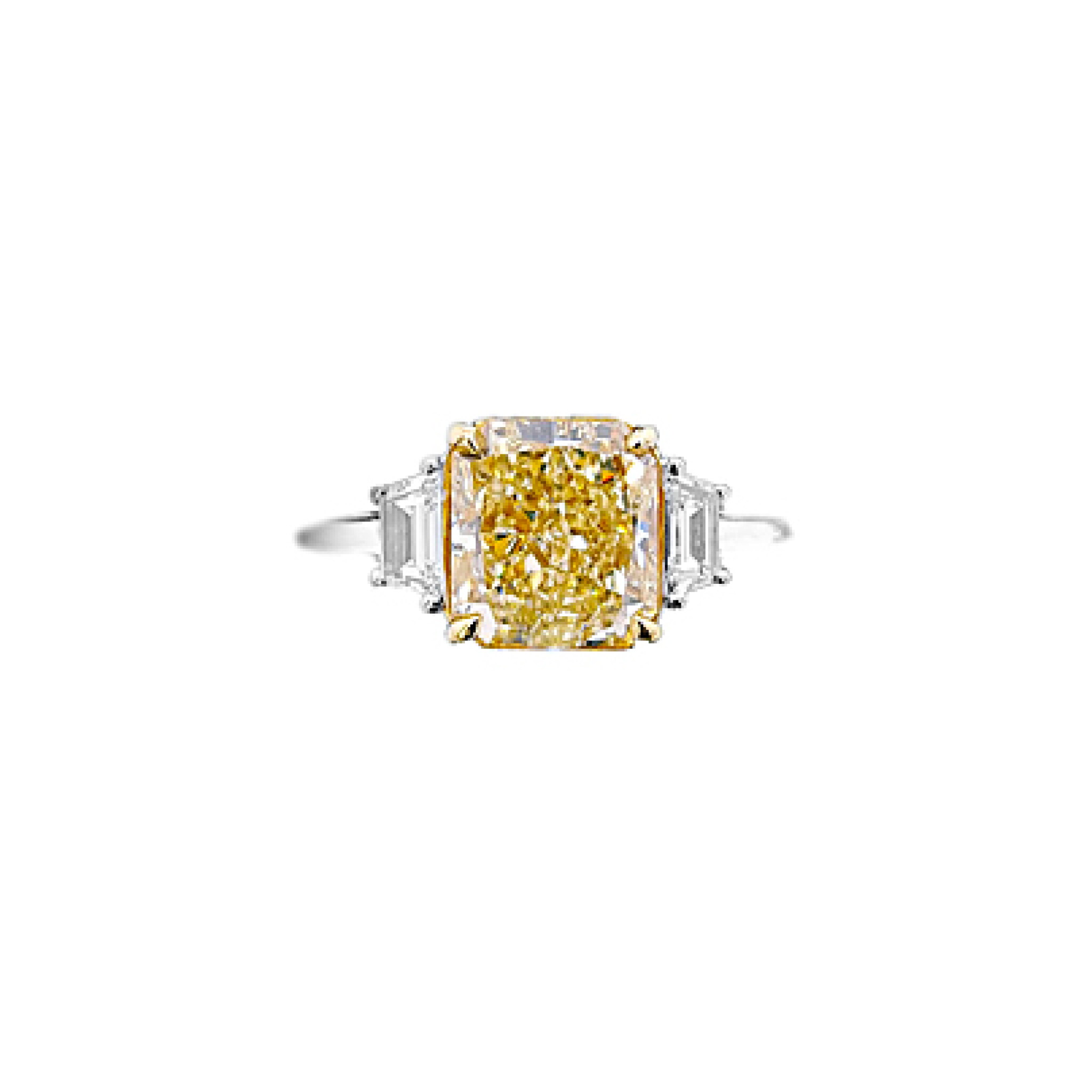 White Gold, Gold, 2.57ct Radiant Cut Fancy Yellow Diamond and Diamond Three Stone Ring — view 1
