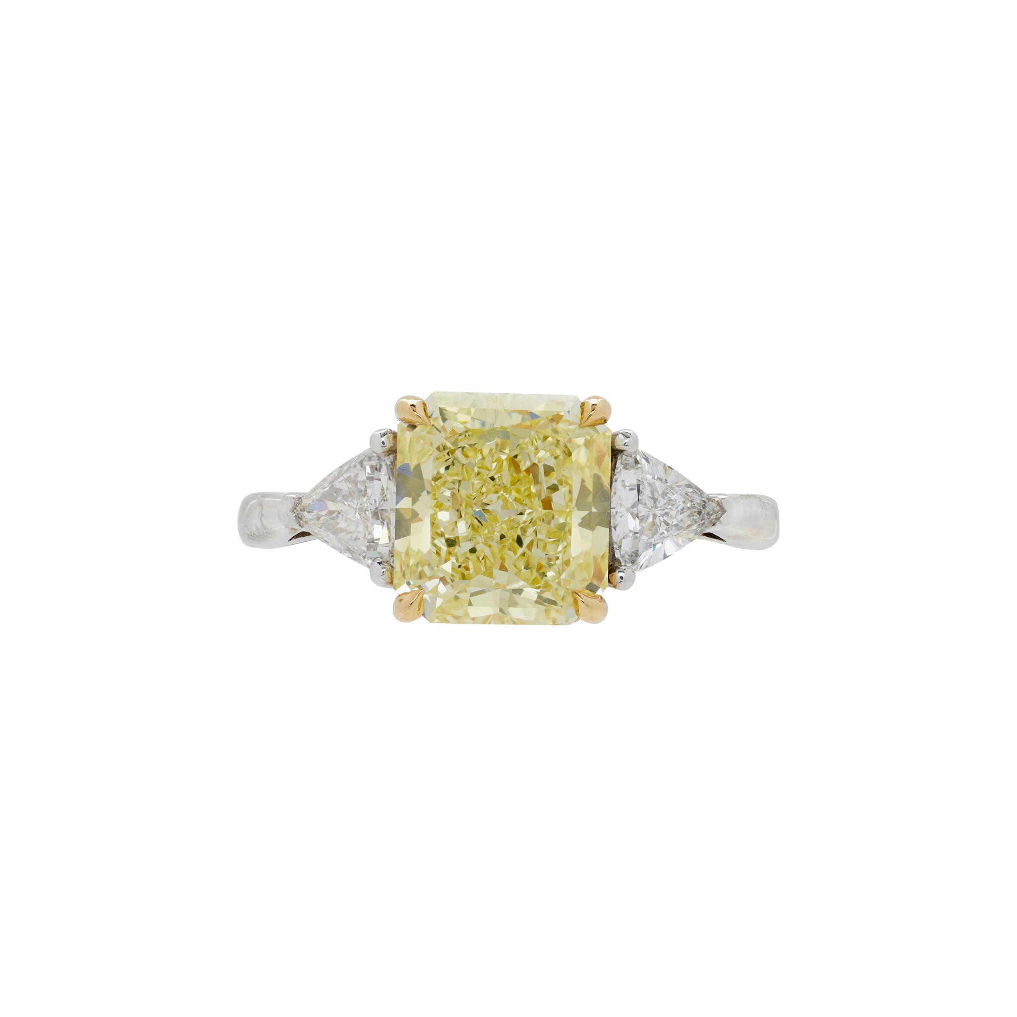 White Gold, Gold, 2.62ct Radiant Cut Fancy Yellow Diamond and Diamond Engagement Ring — view 1