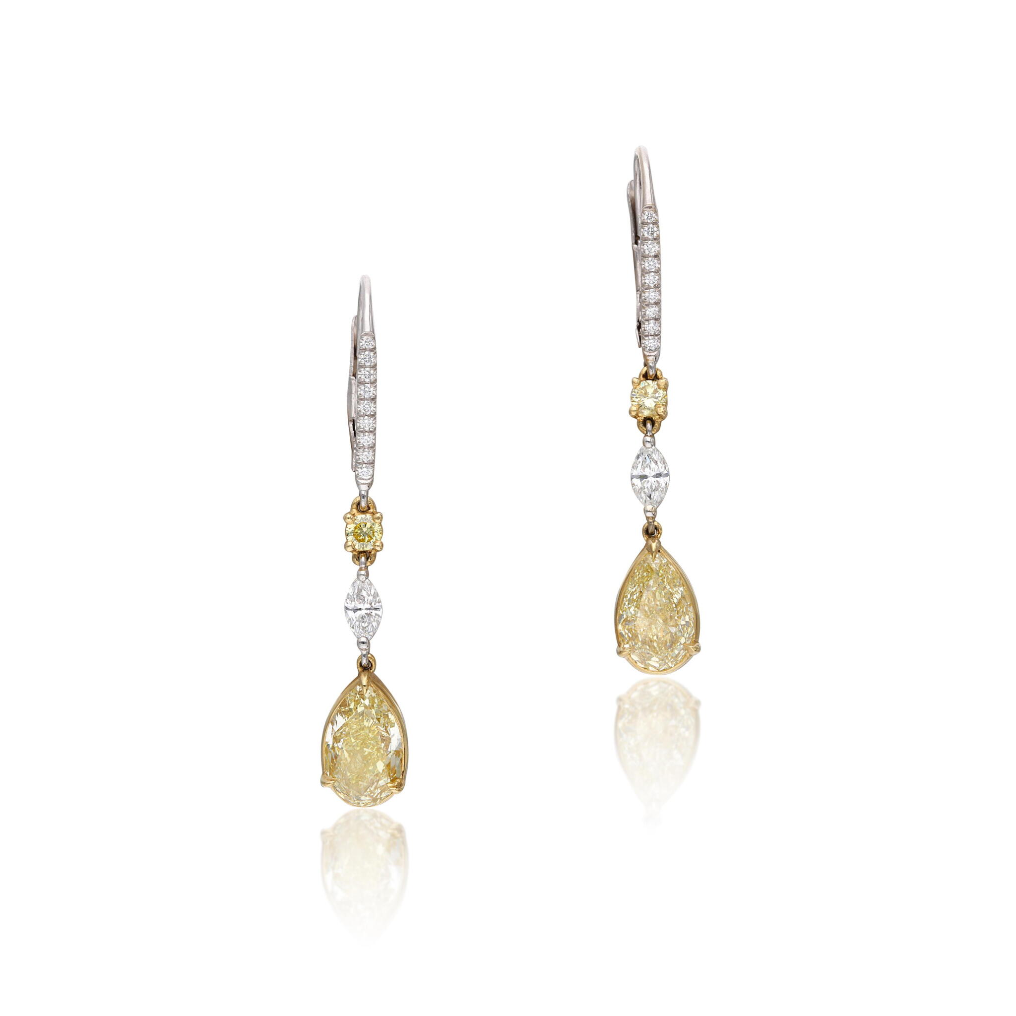 White Gold, Gold, 2.94ct Fancy Yellow Diamond and Diamond Drop Earrings — view 1