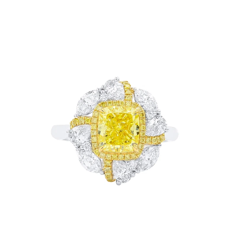 White Gold, Gold, 2.03ct Cushion Cut Fancy Vivid Yellow Diamond and Diamond Ring