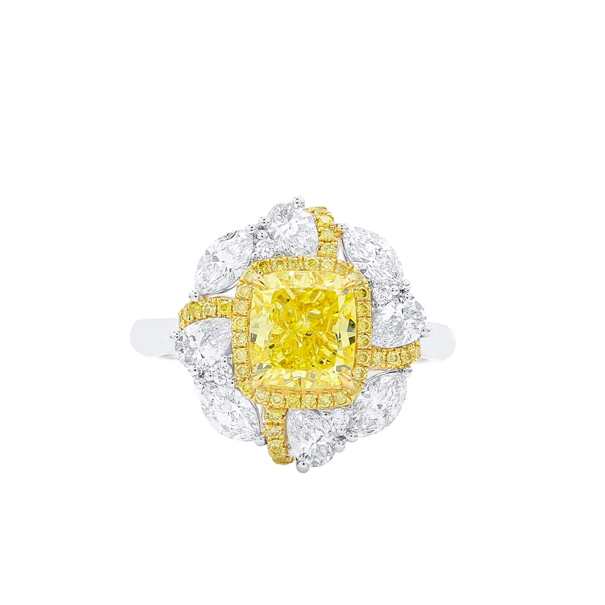 White Gold, Gold, 2.03ct Cushion Cut Fancy Vivid Yellow Diamond and Diamond Ring — view 1