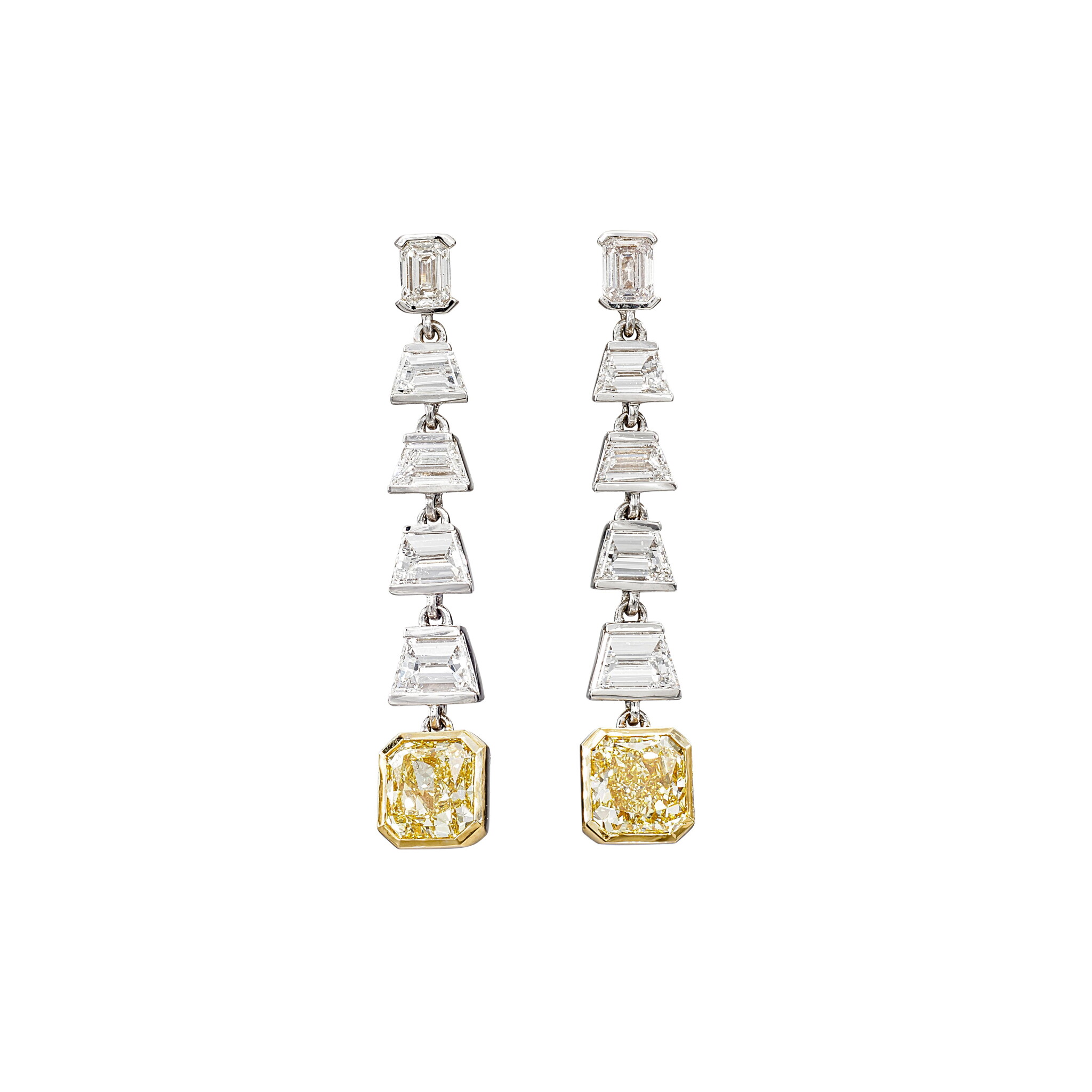 White Gold, Gold, 2.66ctw Radiant Cut Fancy Intense Yellow and Diamond Earrings — view 1