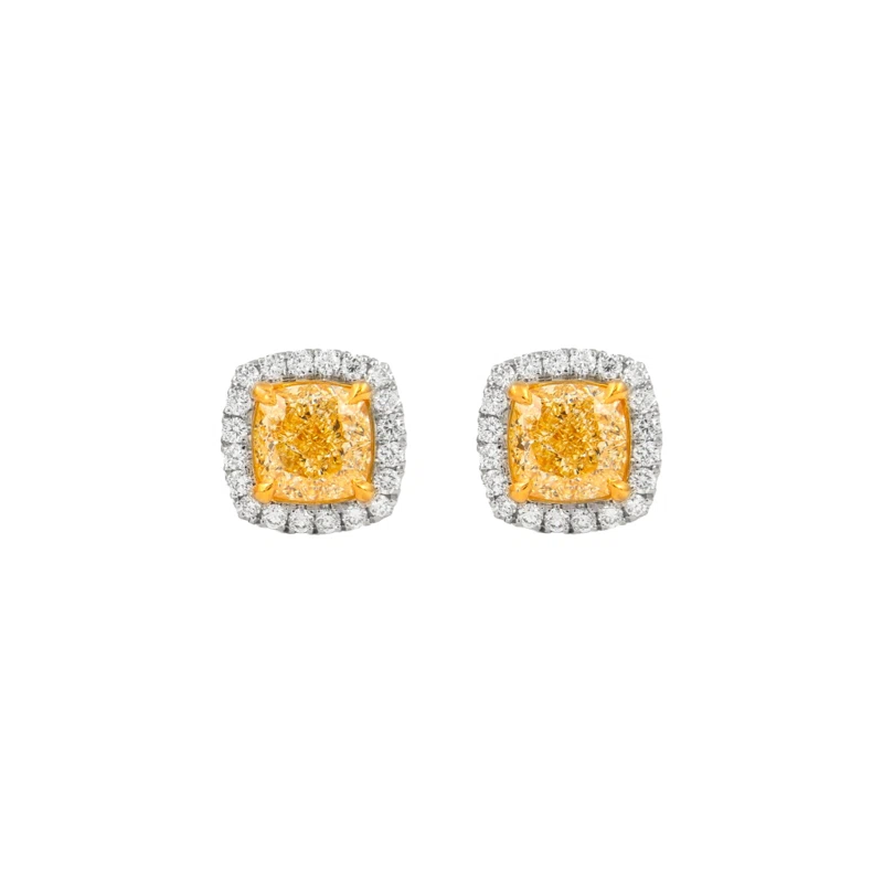 White Gold, Gold, 3.35ctw Cushion Cut Fancy Yellow Diamond and Diamond Stud Earrings