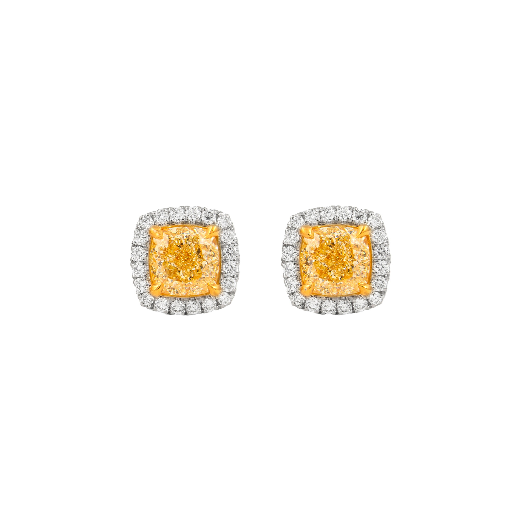 White Gold, Gold, 3.35ctw Cushion Cut Fancy Yellow Diamond and Diamond Stud Earrings — view 1