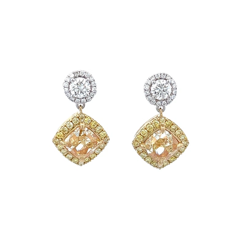White Gold, Gold, 3.53ct Cushion Cut Fancy Yellow Diamond, Yellow Diamond and Diamond Drop Earrings