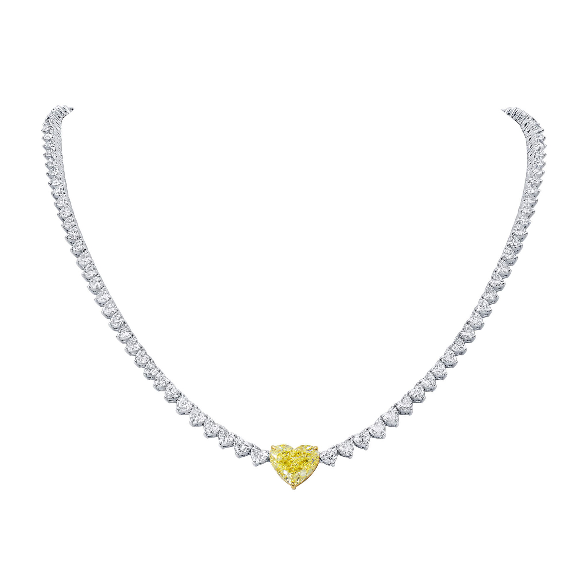 White Gold, Gold, 3.82ct Heart Shape Fancy Yellow Diamond and Diamond Necklace — view 1