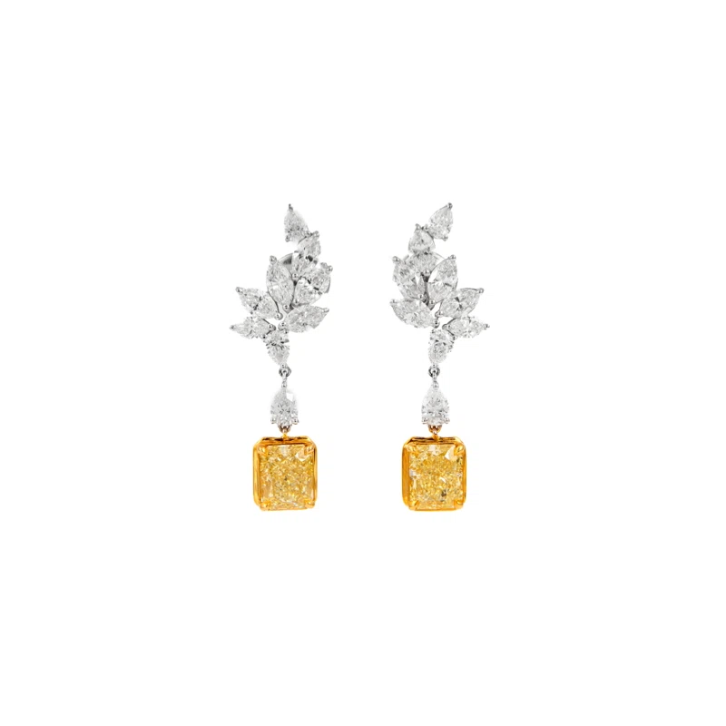 White Gold, Gold, 4.56ct Radiant Cut Fancy Yellow Diamond and Diamond Drop Earrings
