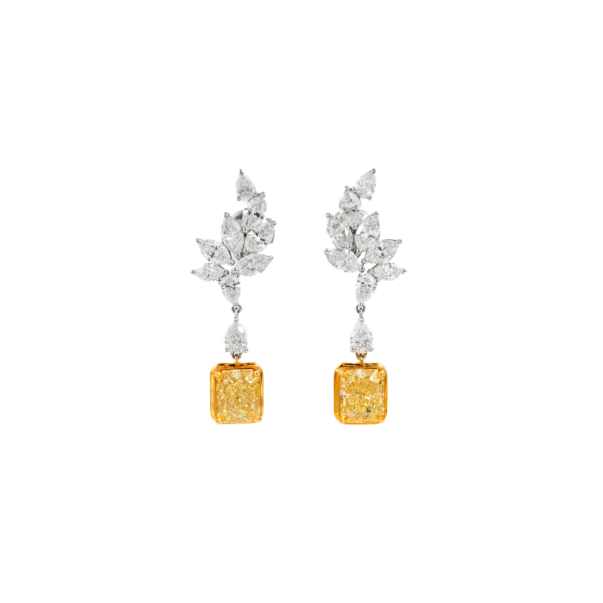White Gold, Gold, 4.56ct Radiant Cut Fancy Yellow Diamond and Diamond Drop Earrings — view 1